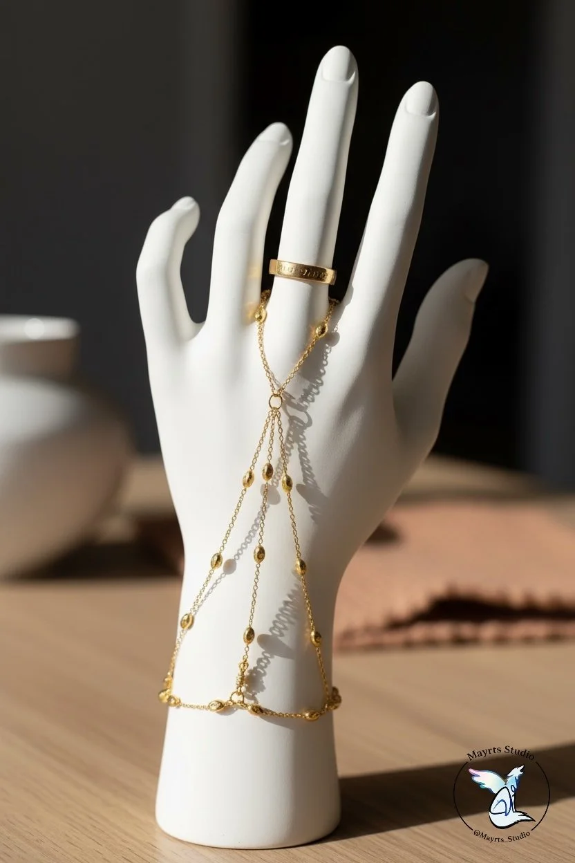 ✨ Golden in Motion

Designed as an extension of the hand —
fluid, intentional, and quietly striking.

Golden in Motion was created to move with you,
to catch light through gesture,
and to feel as delicate as it looks.

Handcrafted by Mayrts Studio.

