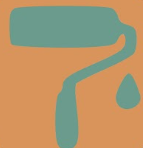 Een verfroller met verf op een oranje achtergrond.