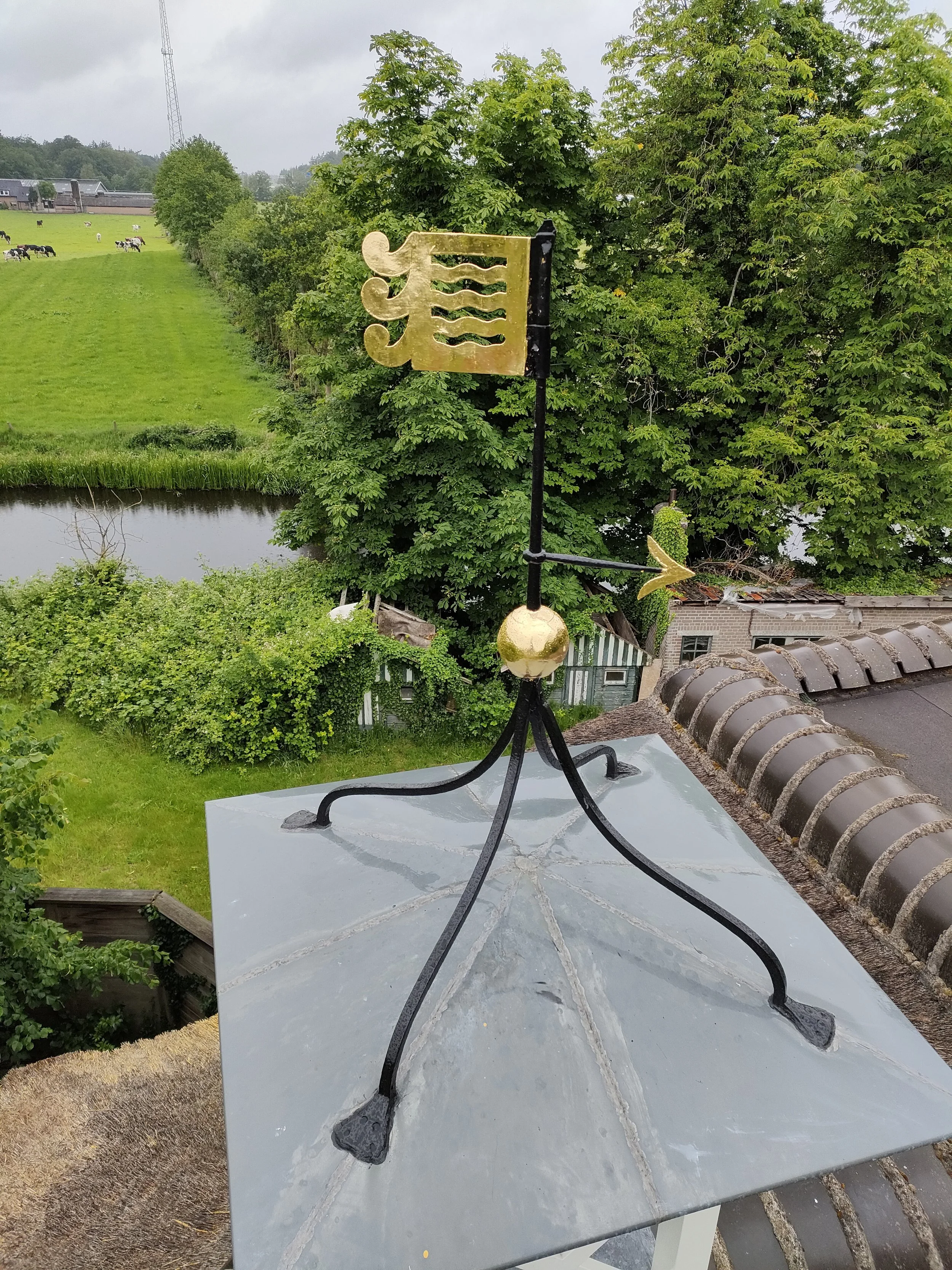 Weerspiegeling van een weerballon op het dak met een landelijke achtergrond van groen gras, bomen, een rivier en koeien.