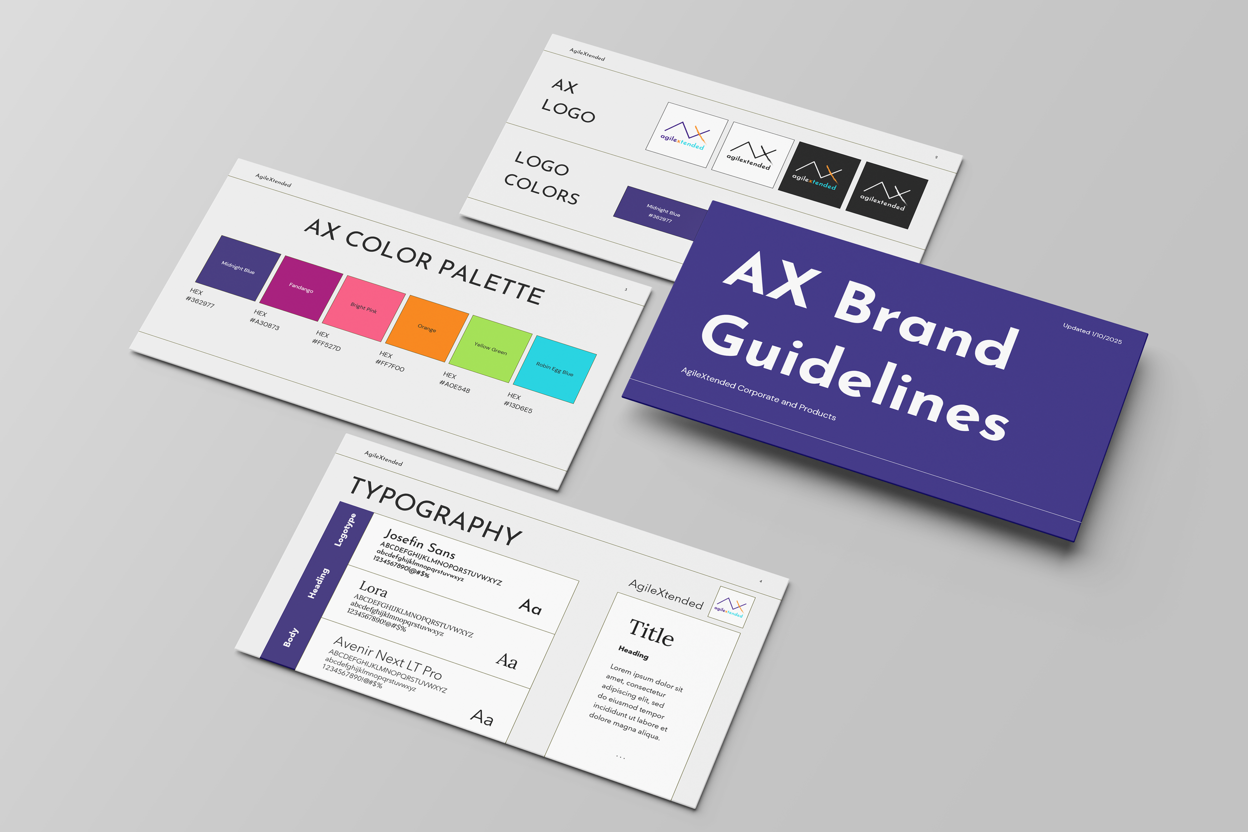 A digital presentation slide deck titled 'AX Brand Guideline' with sections including logo, color palette, and typography, featuring color swatches, font samples, and logo variations.