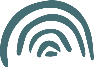 A stylized rainbow with five layers in shades of teal and blue.