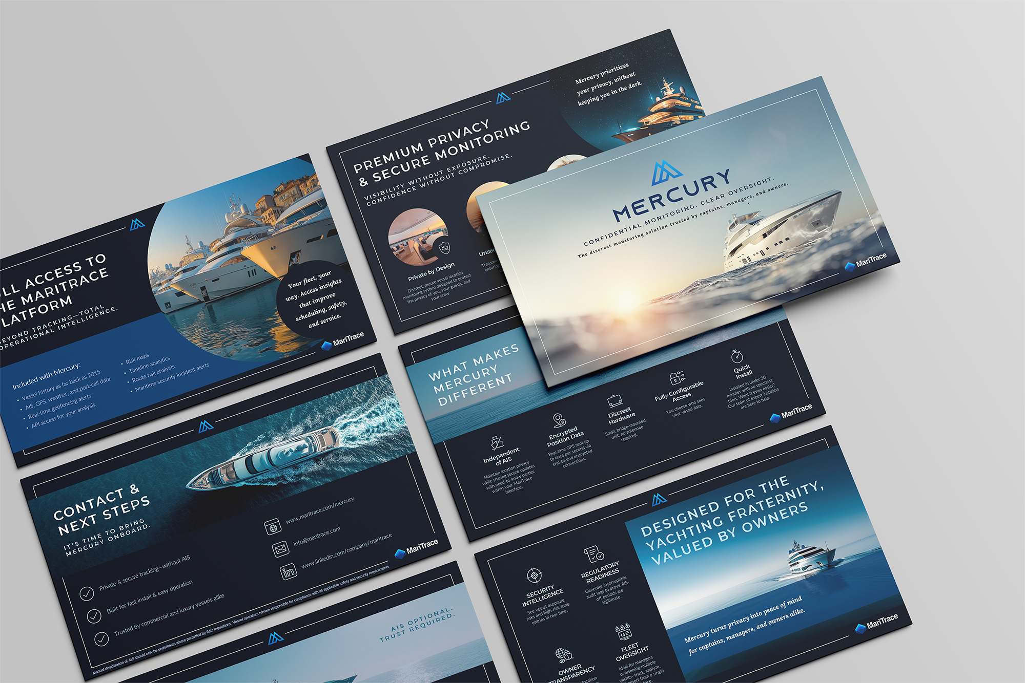 Collection of brochures and flyers for Mercury yacht monitoring services, featuring images of yachts, a sunset, and text highlighting features like privacy, security, and owner benefits.