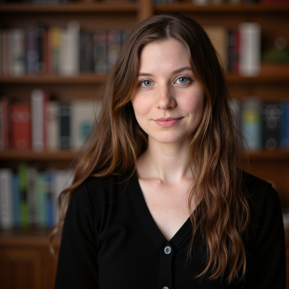 A young woman with long, wavy brown hair and blue eyes, wearing a black top, standing in front of a bookshelf filled with colorful books.