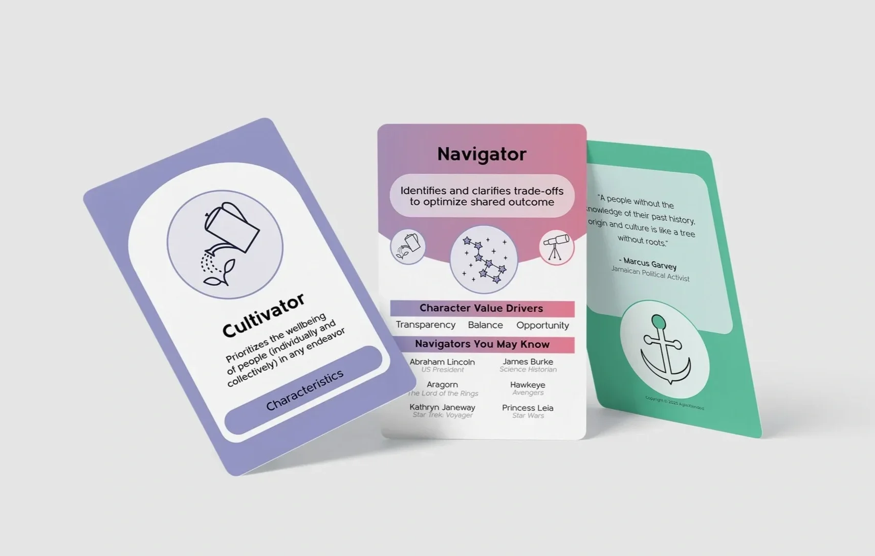 Three overlapping cards featuring illustrated icons and text about character traits. The left card, colored in lavender, highlights "Cultivator" with an icon of a watering can and plant, emphasizing prioritizing wellbeing. The middle card, in shades of pink and purple, focuses on "Navigator" with celestial and telescope icons, explaining identifying trade-offs. The right card, in green, presents a quote about history and an anchor icon, with additional text and a quote attributed to Marcus Garvey.