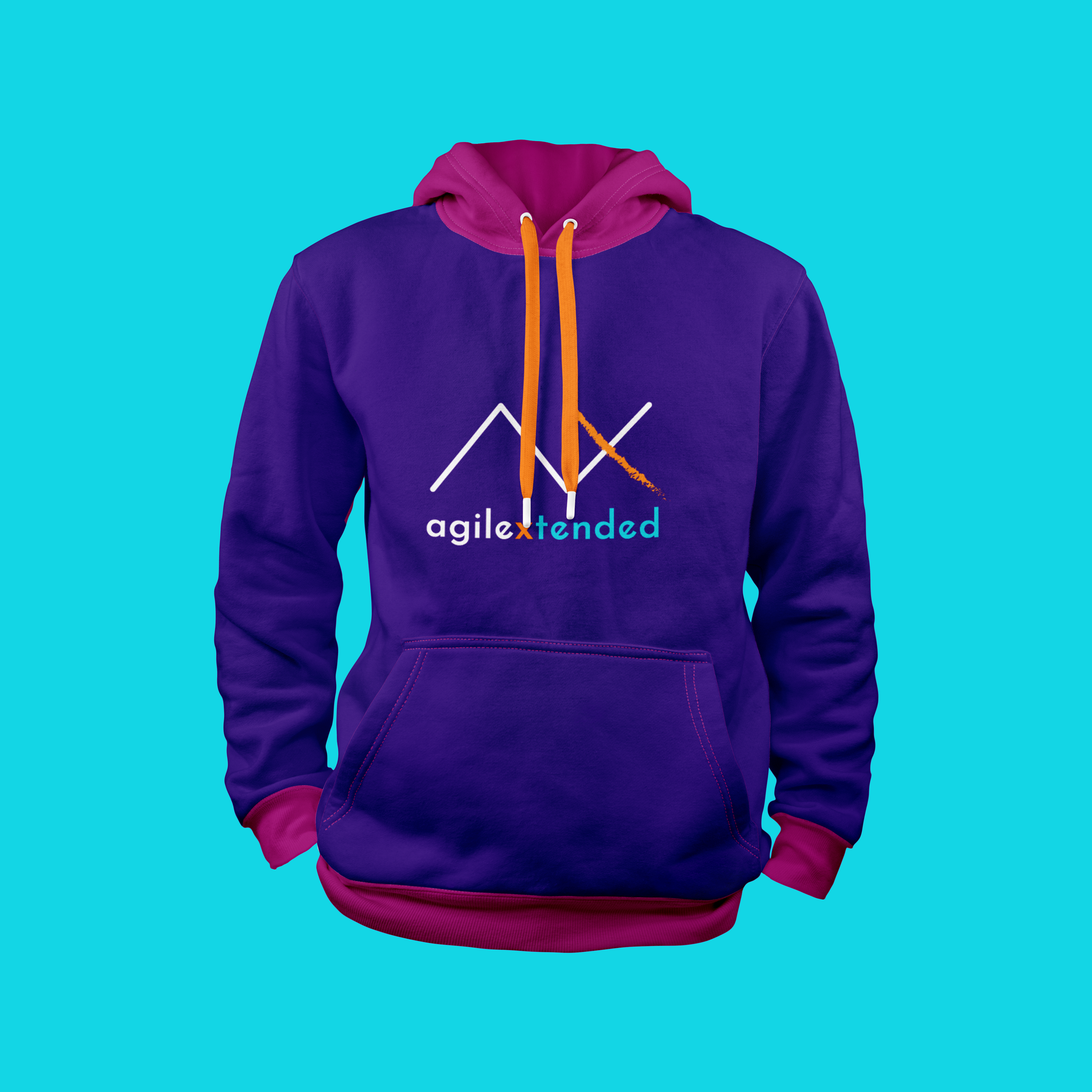 A purple hoodie with pink accents and orange drawstrings, featuring a logo with mountain outline and the words 'agilextended' on a blue background.
