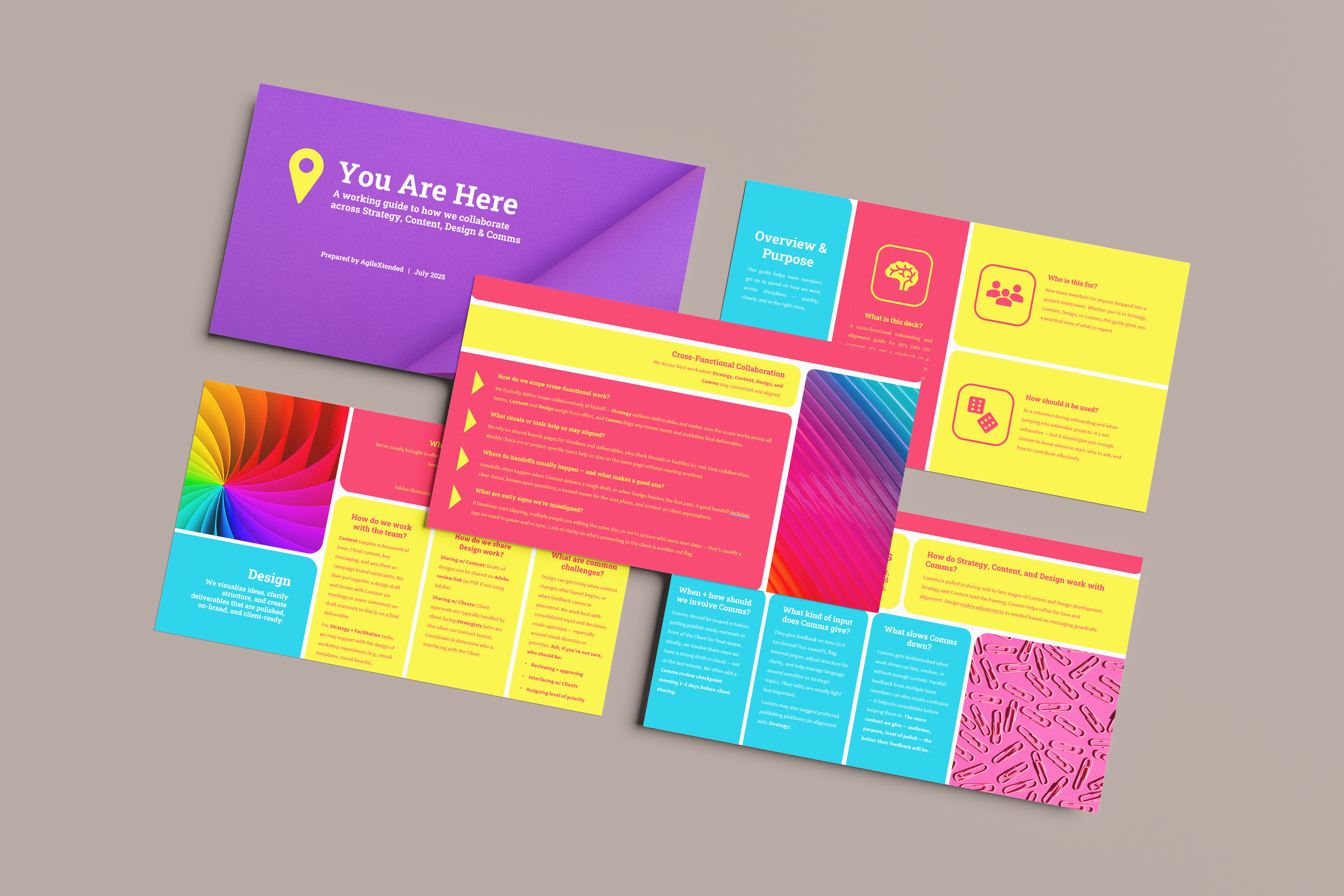 Colorful informational brochure with sections on strategy, content, design, and collaboration, featuring vibrant colors and graphics.