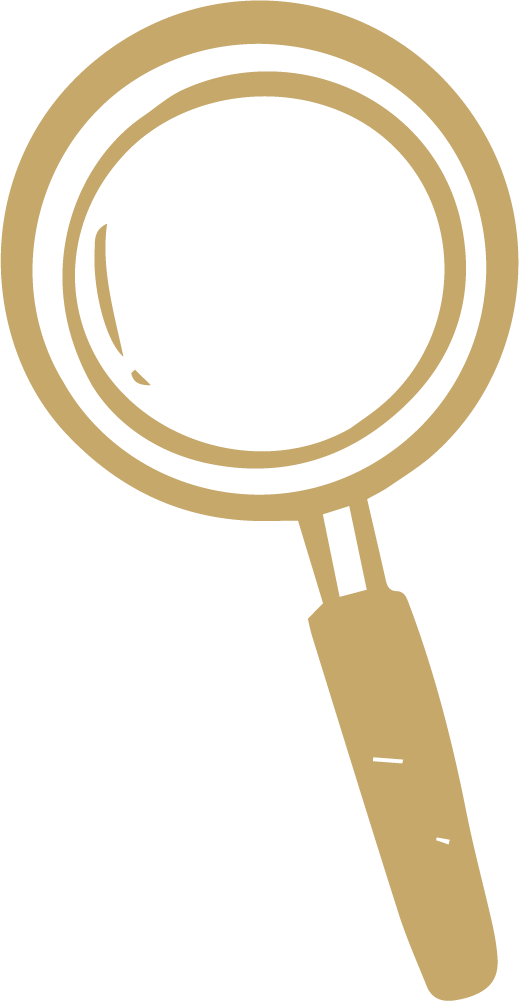 A simple, stylized black and gold illustration of a magnifying glass with a round lens and a handle.