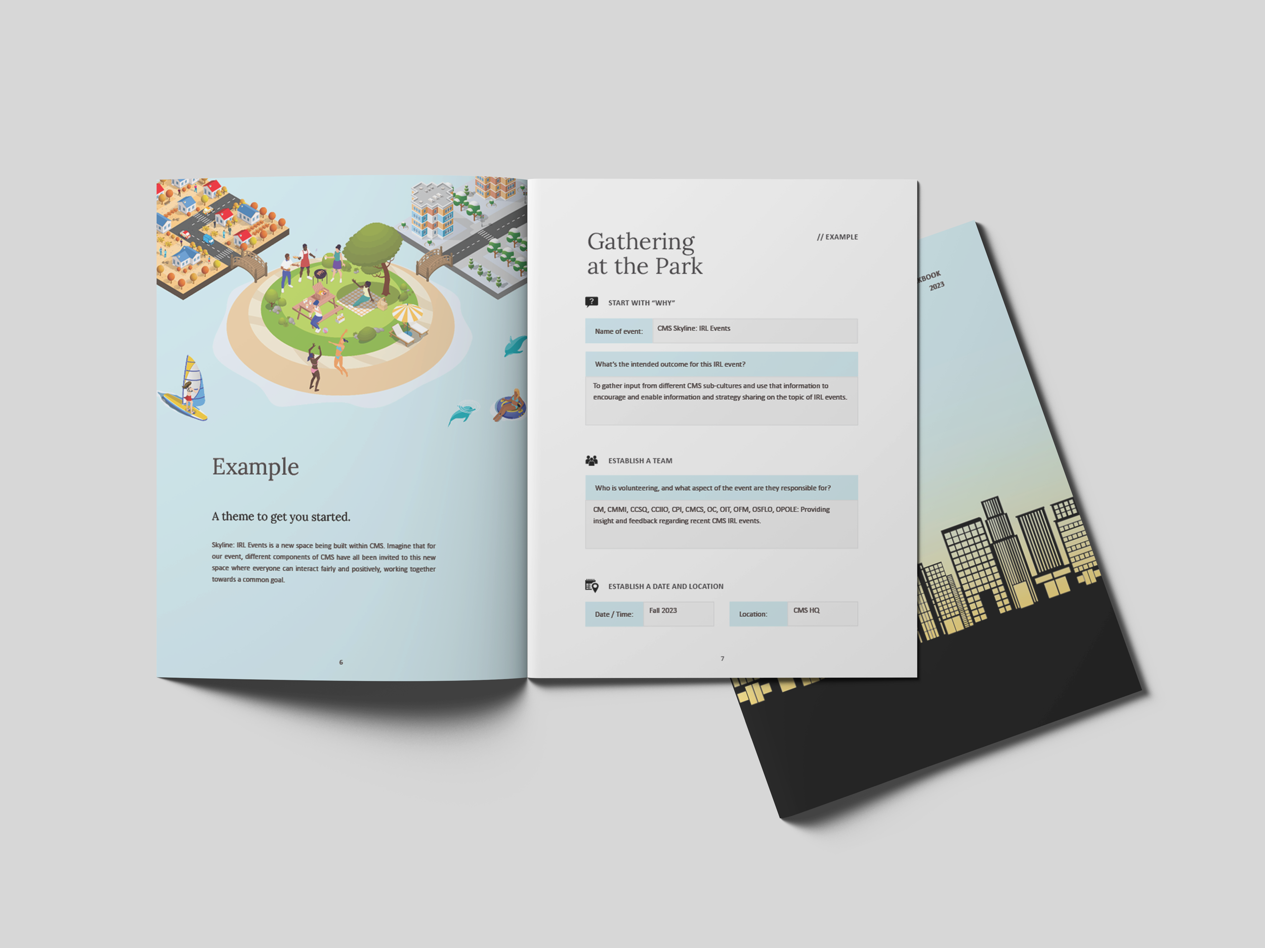 Open booklet showing illustrations of a park with people, trees, a bridge, water with boats, and buildings. The pages contain text about a gathering event at the park.