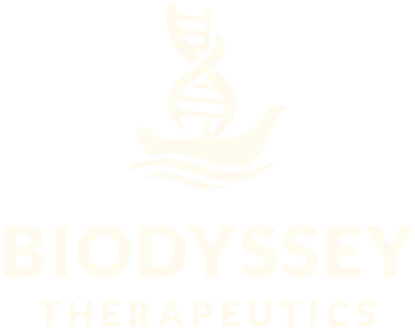 Logo for Biodyssey Therapeutics featuring a stylized DNA helix intertwined with a boat sail above the company name in bold letters.