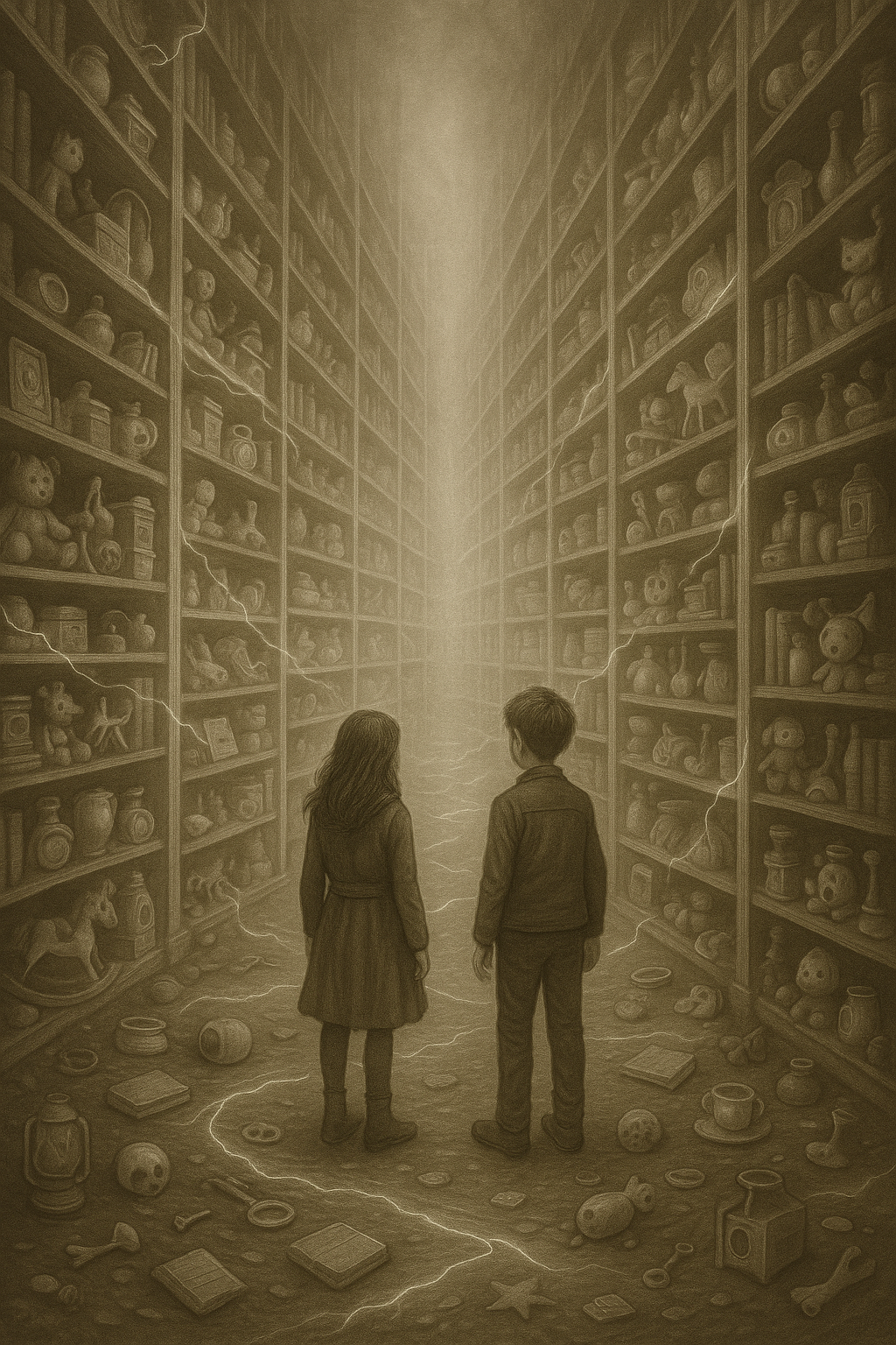 Two children, a girl and a boy, standing in a large, dusty library filled with shelves of old toys and books, with lightning and a mysterious glow at the end of the aisle.