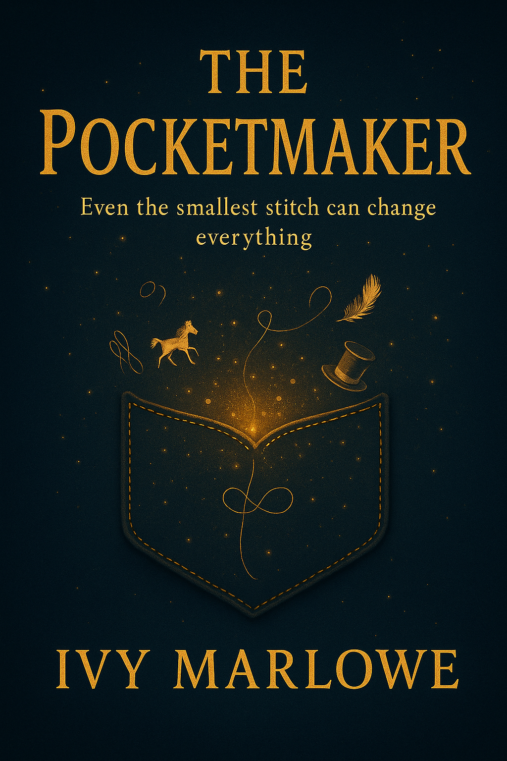 Book cover titled "The Pocketmaker" by Ivy Marlowe featuring a stylized outline of a pocket with glowing elements, a horse, a top hat, a feather, and magical sparkles in gold on a dark background.