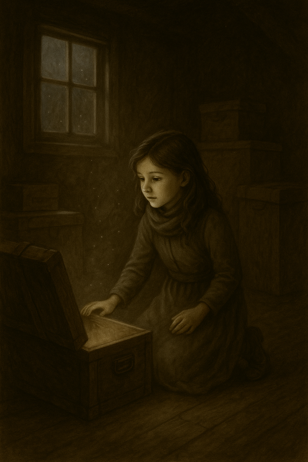 A young girl kneels on the floor in a dimly lit room, opening a wooden box with a portrait inside. The room has a single window and stacked boxes or furniture in the background, with soft, warm lighting highlighting her face.