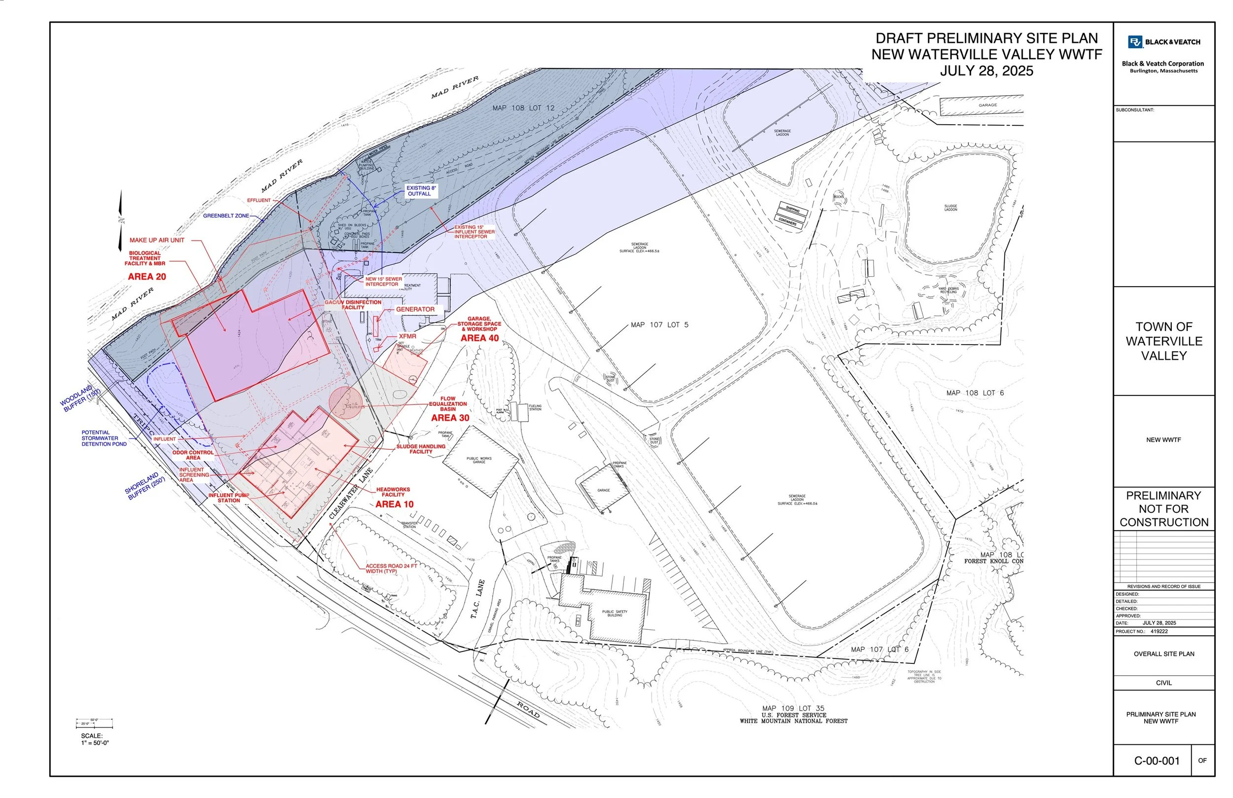 Preliminary site plan for New Waterville Valley WWTF, dated July 28, 2025, showing various designated zones, facilities, roads, and waterways in Waterville Valley, Massachusetts.