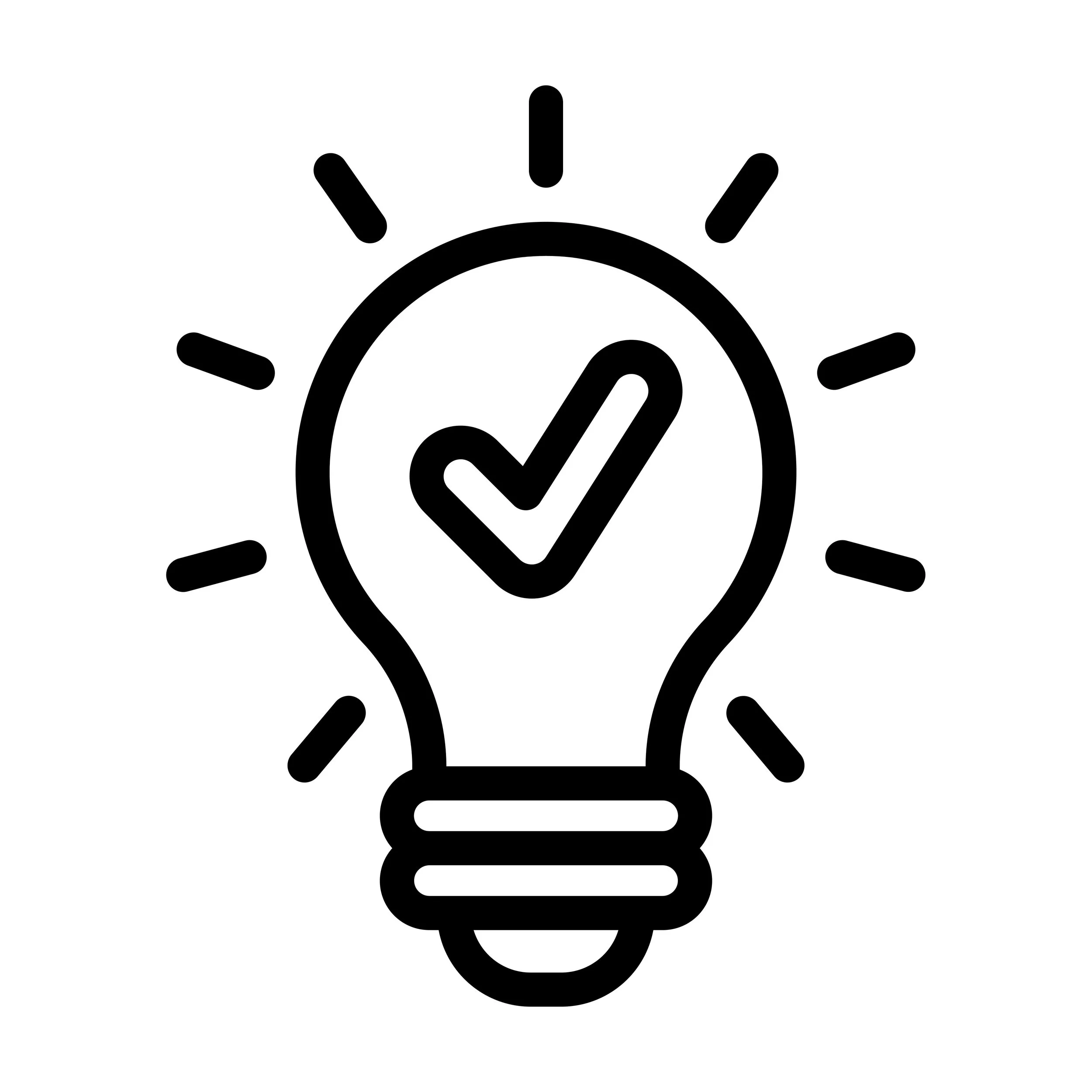 Icon of a lightbulb with a checkmark inside and lines radiating outward, symbolizing an idea or innovation.