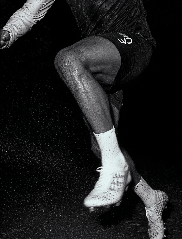 Close-up of a person wearing athletic gear, mid-action, with water droplets on their legs and a dark background.