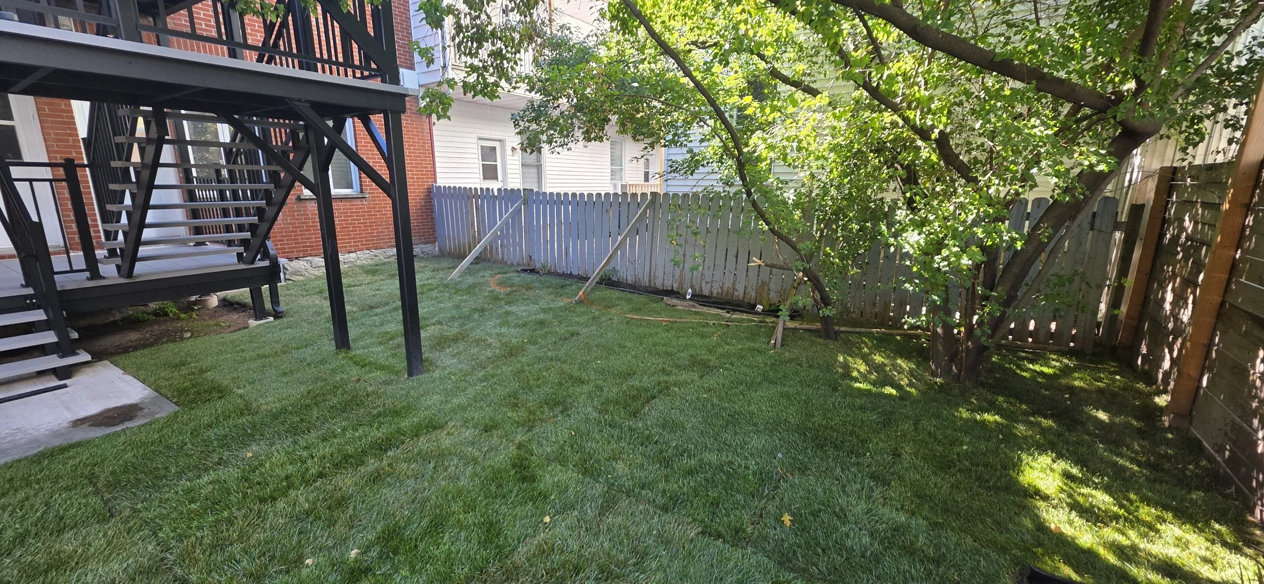 Jardin résidentiel avec pelouse verte, arbre et clôture en bois, escalier en métal noir menant à une terrasse.