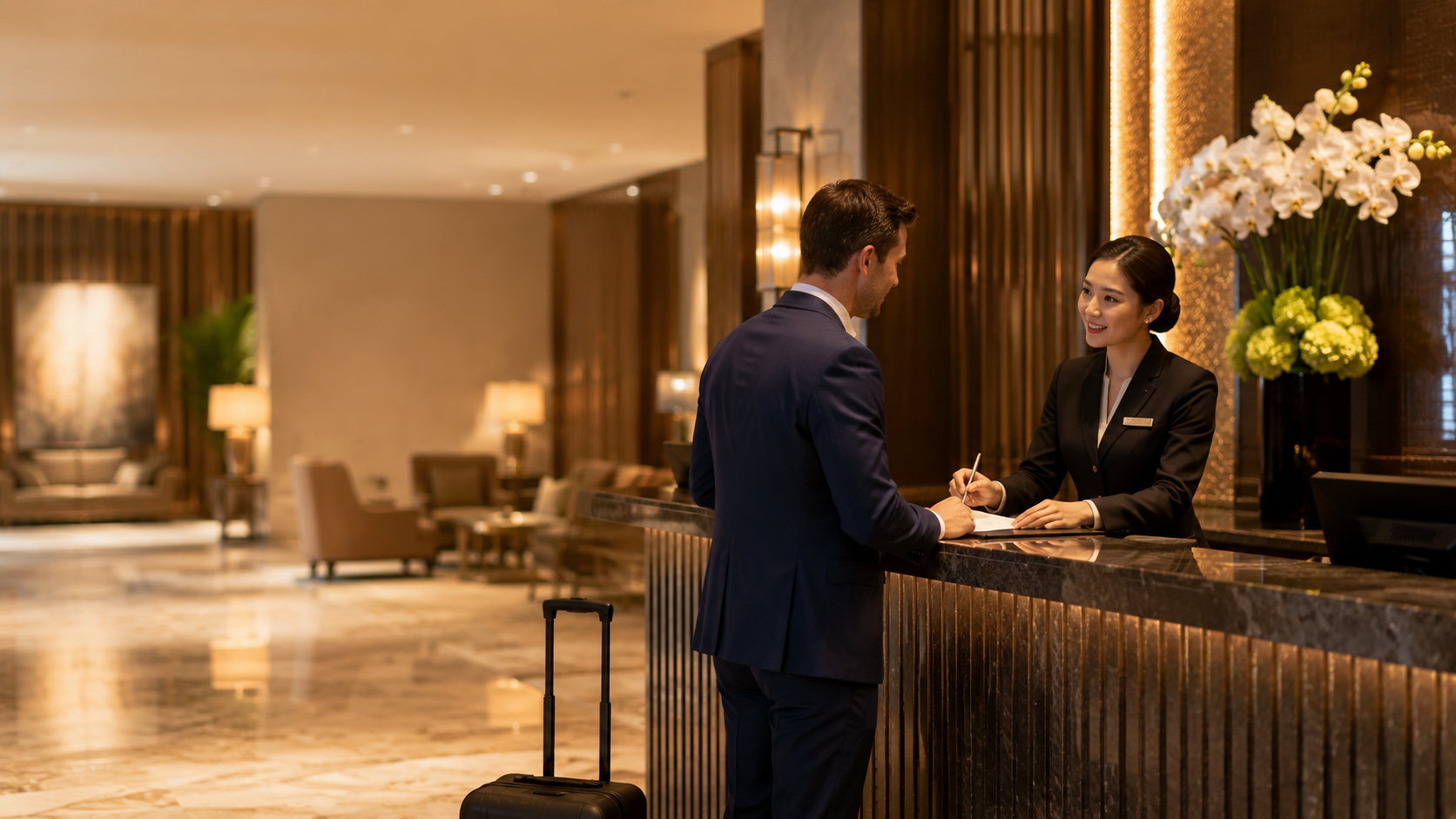Hospitality professional welcoming a guest at a hotel front desk in clear English.