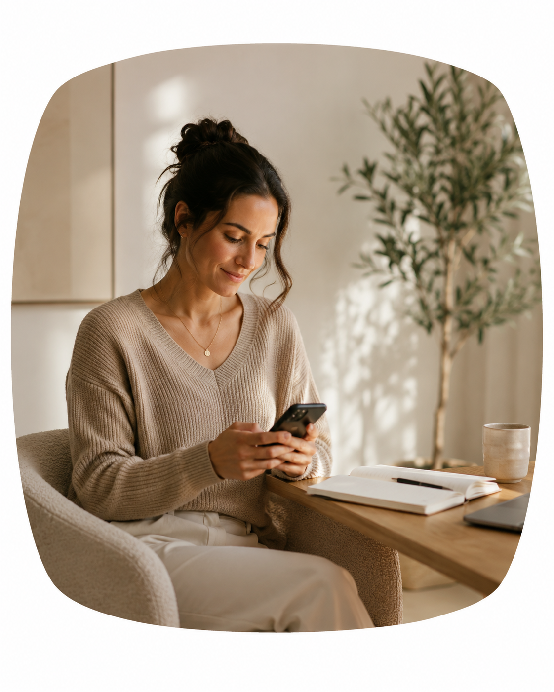 Person smiling while messaging an English coach to book a trial lesson