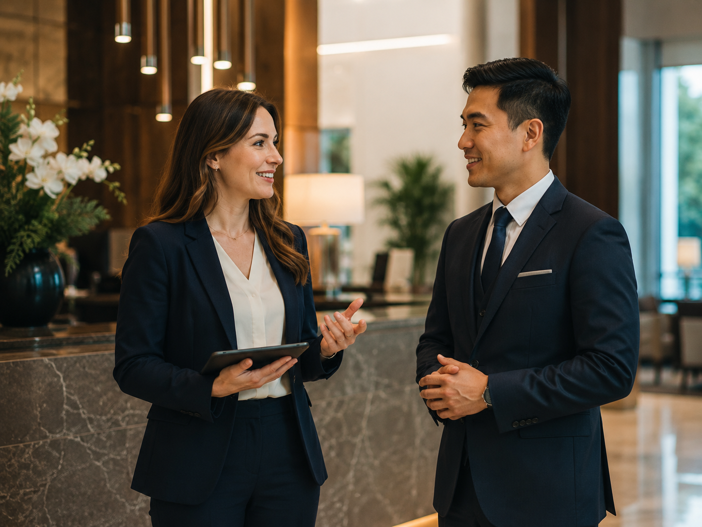 Business professionals practising clear, confident English in conversation.