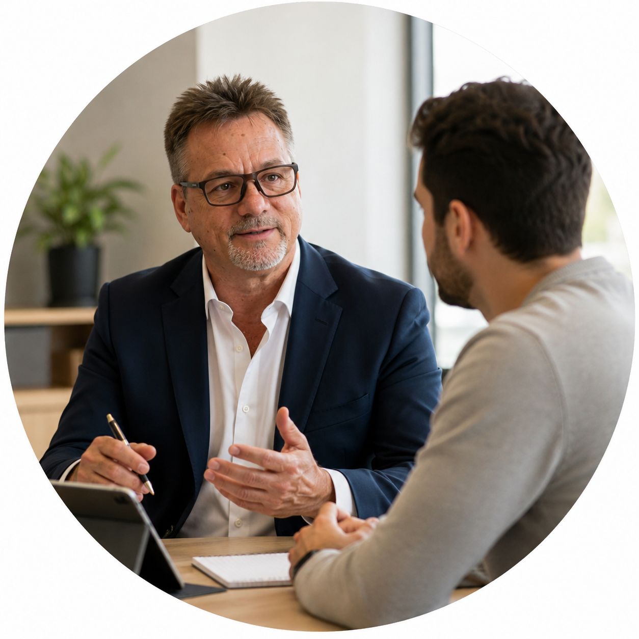 Two professionals in a role-play conversation, practising business English coaching for meetings