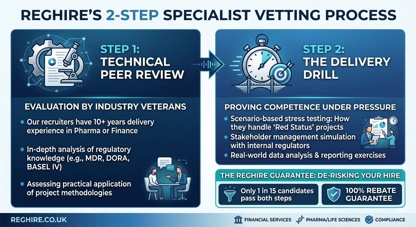 Diagram illustrating REHIRE'S 2-step specialist vetting process, with icons for technical peer review and the delivery drill, including details about evaluation by industry veterans and scenario-based stress testing, stakeholder management simulation, and real-world data analysis.