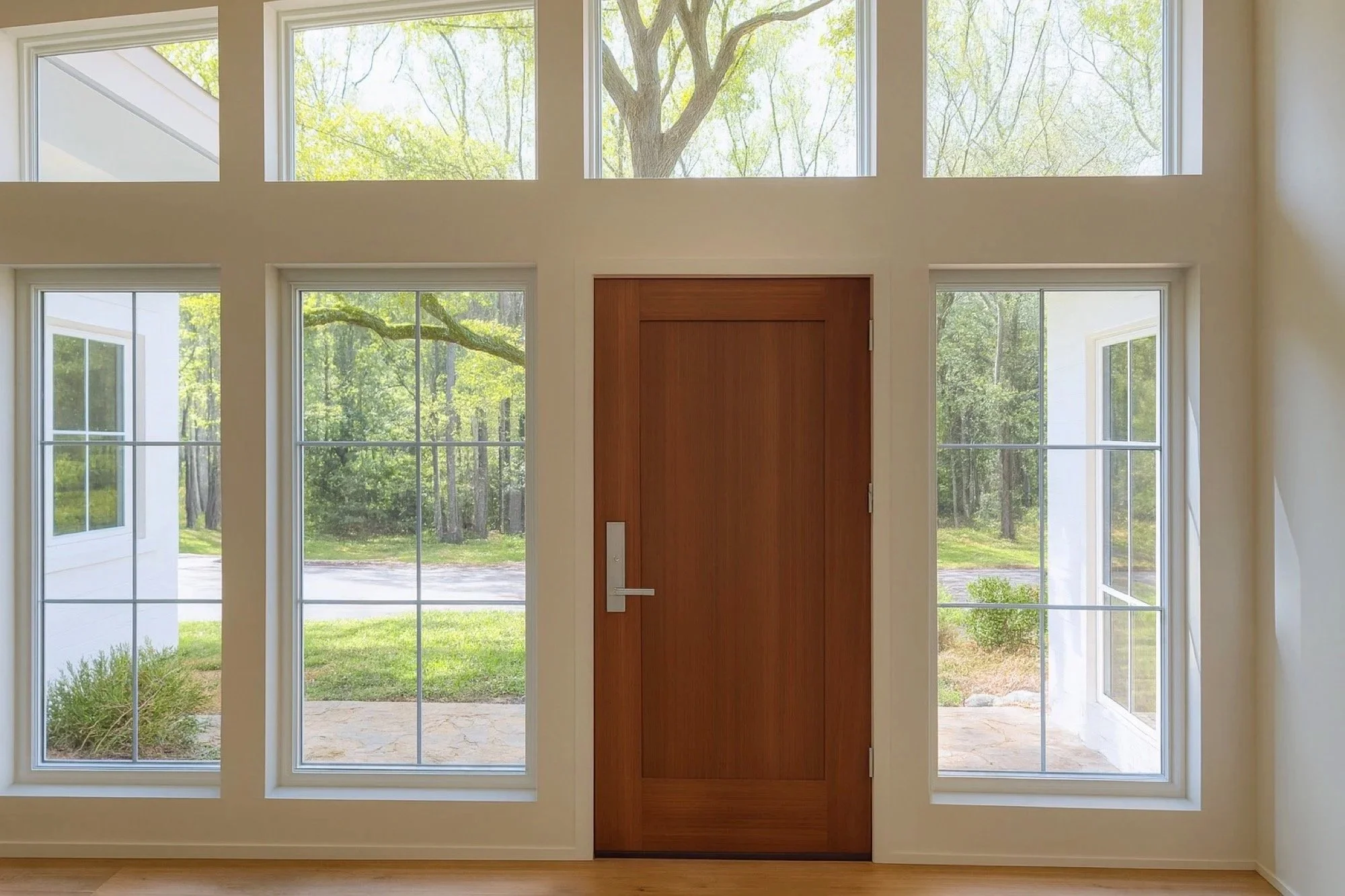 Art gallery with colorful landscape paintings, a chalkboard sign, and wooden floors and furniture.