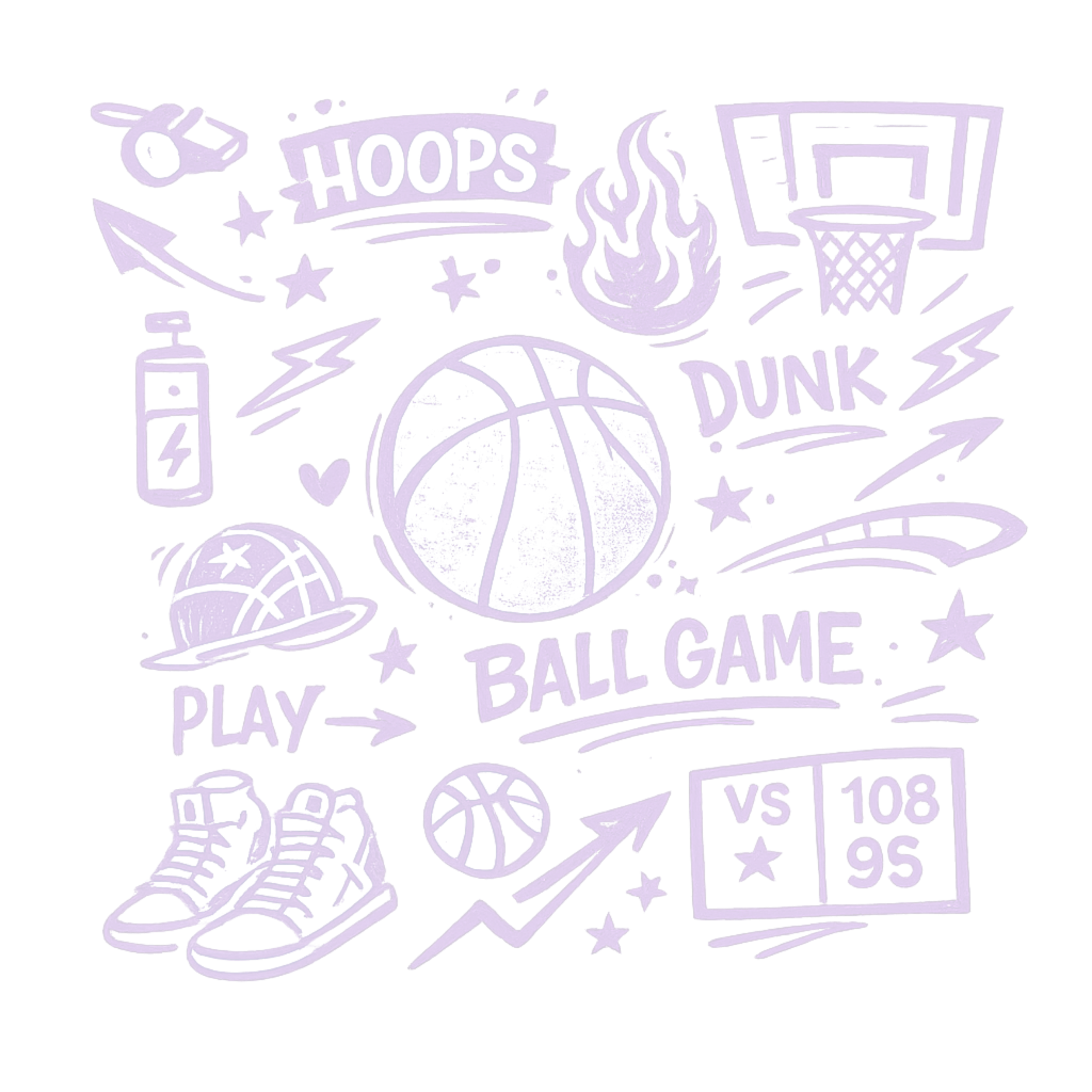 Dessin de style sketch en violet sur fond noir, avec éléments relatifs au basket-ball comme un ballon, des deux paniers, des chaussures, un tableau de score, et des mots en anglais tels que 'HOOPS', 'DUNK', 'PLAY', 'BALL GAME', ainsi que des icônes de sport et de compétition.