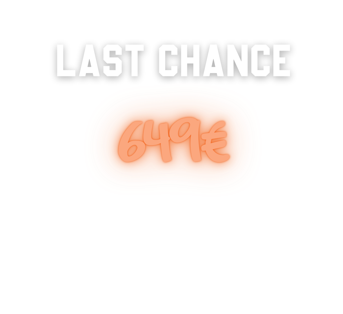 Une image promotionnelle avec le texte "Last Chance" en haut, un prix de 649€ en grande écriture au centre, et un fond noir avec un logo en forme de ballon de foot coloré en orange avec des dégradés.