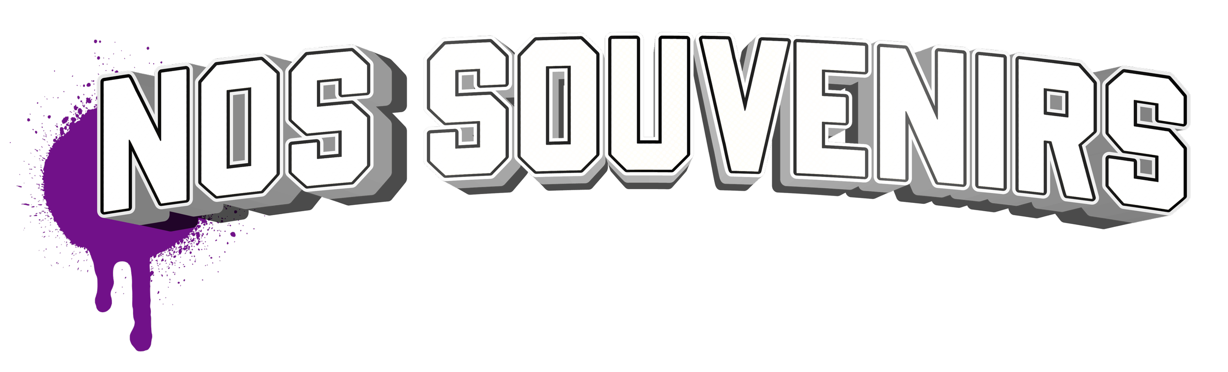 Texte en gros caractères 3D indiquant "Nos Souvenirs" avec un fond noir et une peinture violette éclaboussée à gauche.