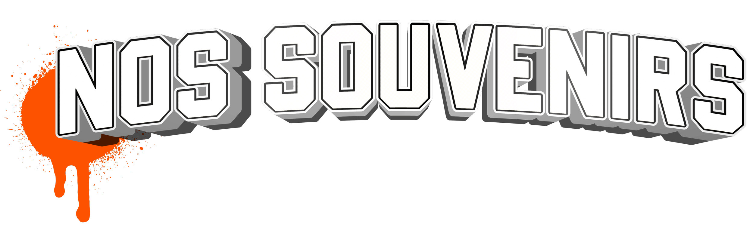 Logo avec le texte 'Nos Souvenirs' en lettres blanches en relief et coulé, avec une tache de peinture orange sur le côté gauche.