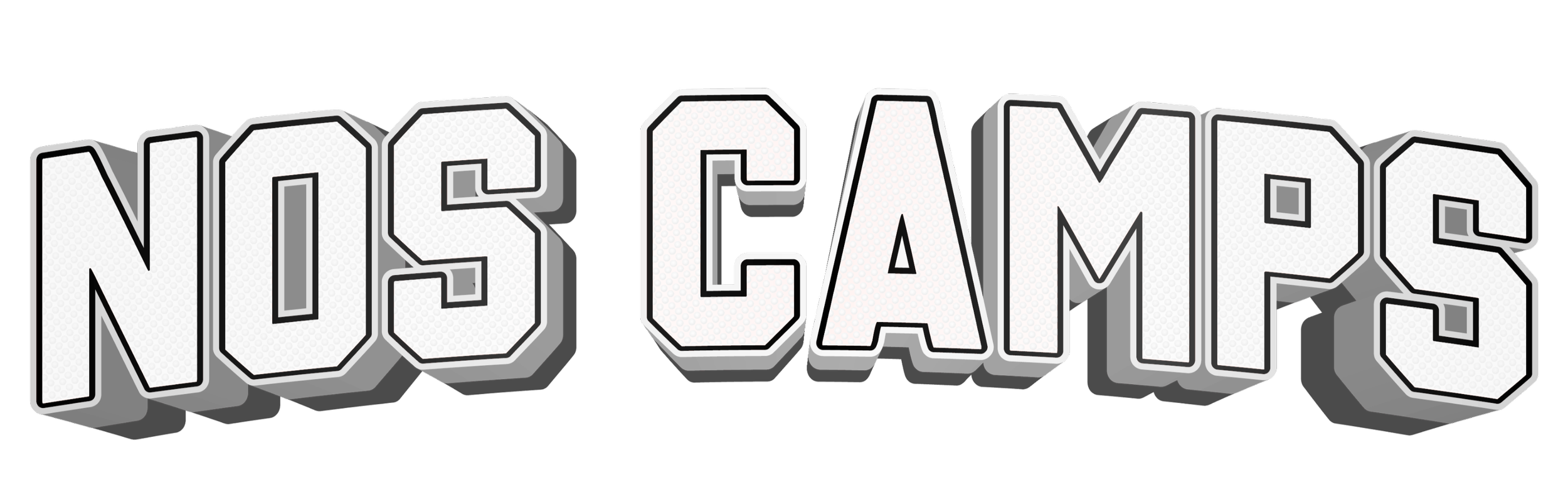 Logo en relief du mot 'NOSCAMES' en lettres blanches avec contour noir, ombrage gris foncé, sur fond noir.