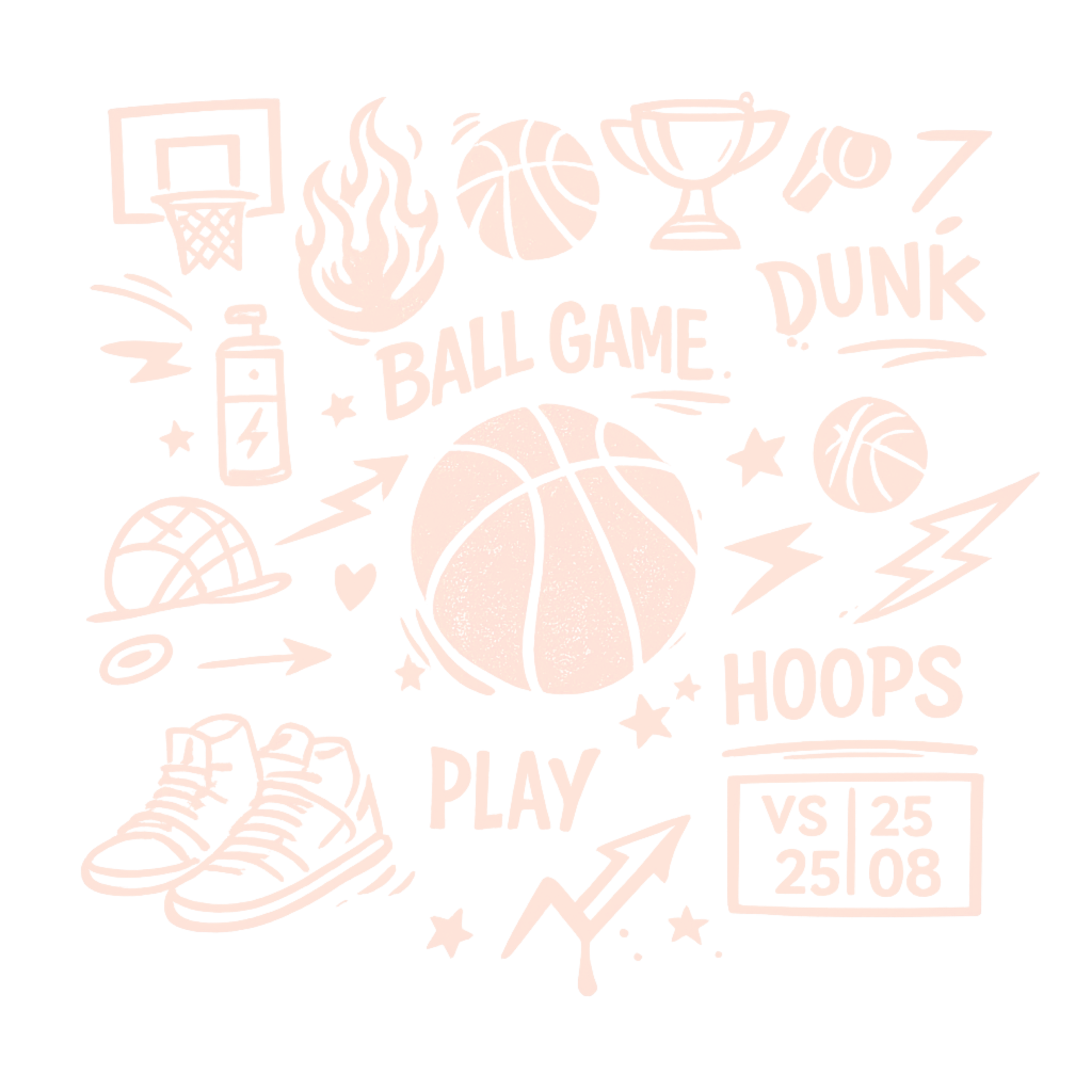 Illustration de basket-ball avec des ballons, une chaussure de sport, des éclairs, des icônes de trophée, de panier de basketball, et le texte 'BASKET BALL GAME DUNK HOOPS VS 25 25 08'.