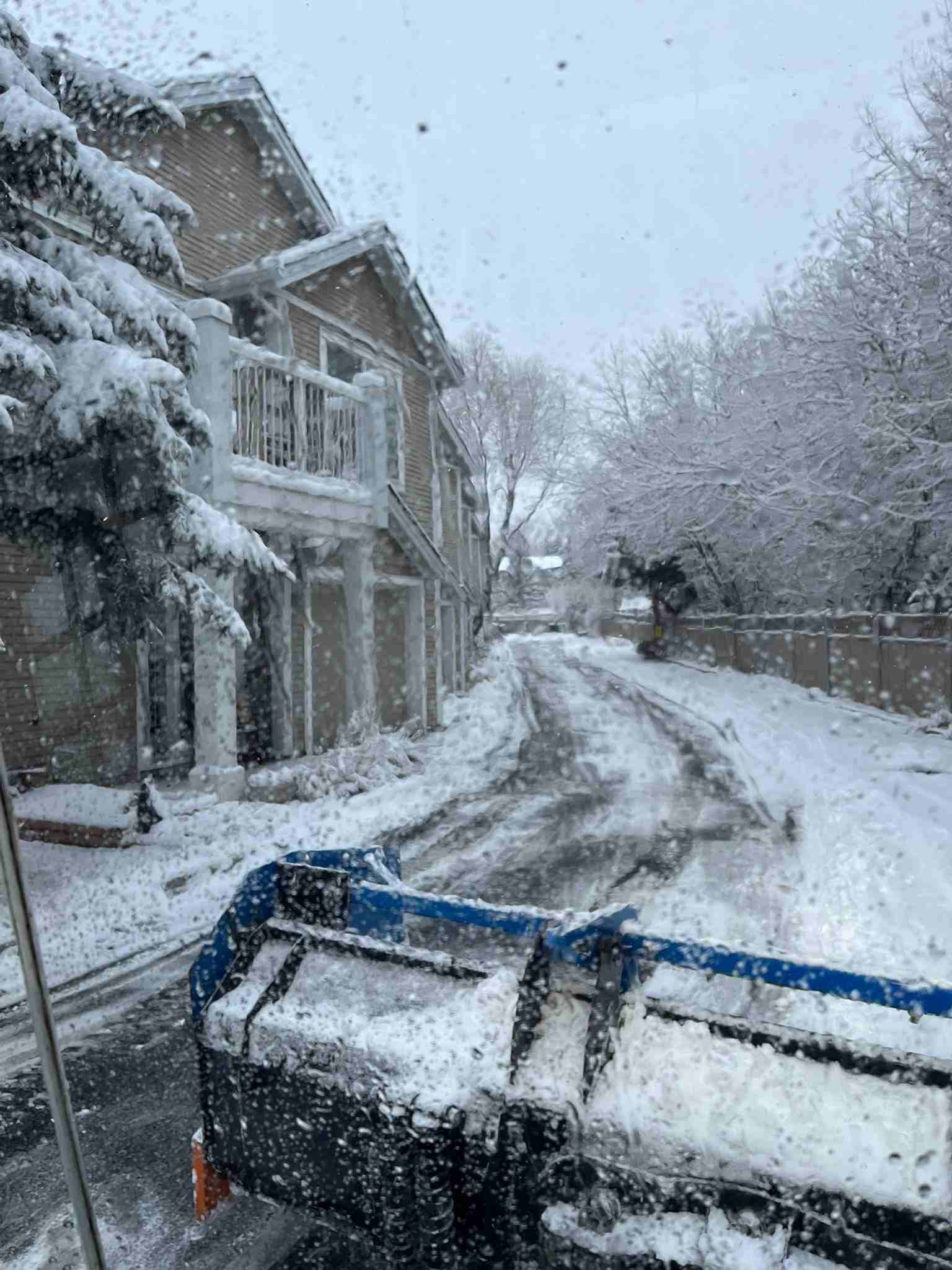Snow-covered residential street viewed through a vehicle windshield, with a snowplow at the front clearing the road and snow-covered trees and houses on both sides.