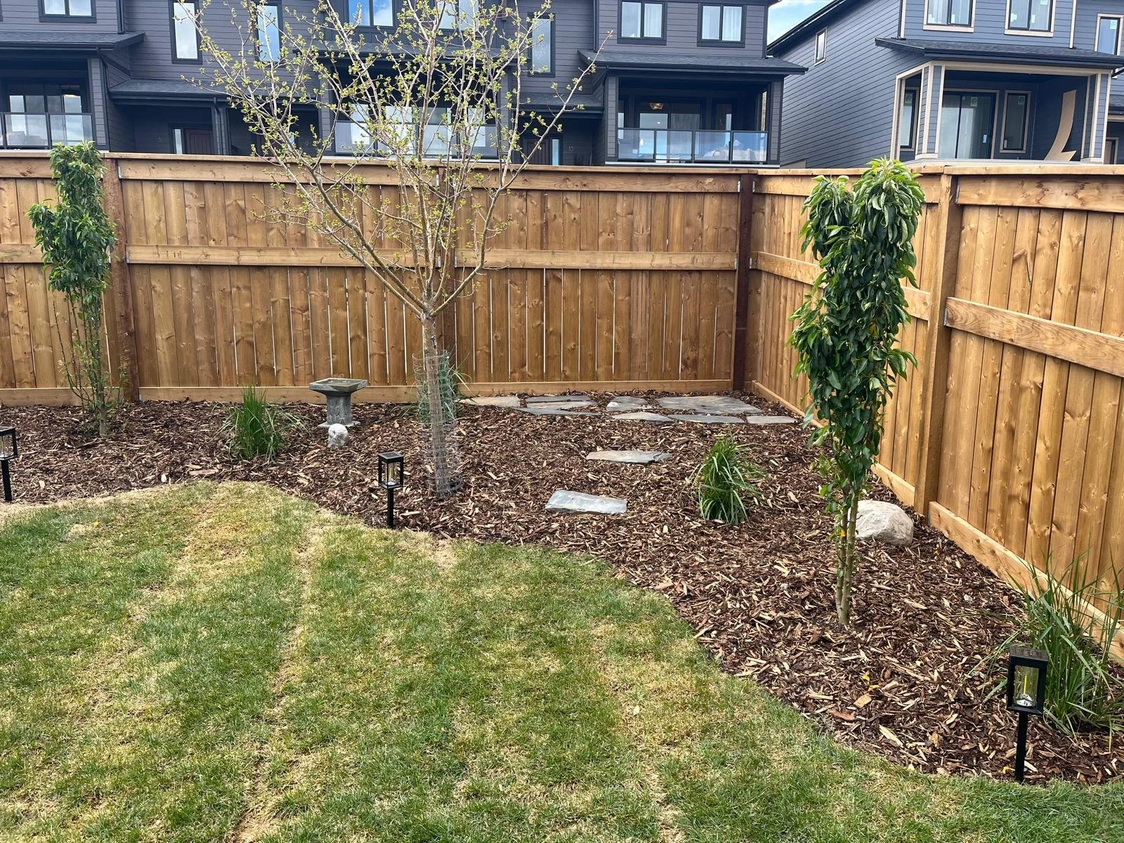 A completed backyard landscaping project featuring a curved green lawn edge bordered by rich wood mulch garden beds, young accent trees, low-voltage path lights, and a small flagstone stepping stone path along a wooden privacy fence