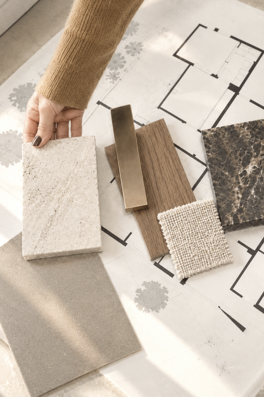 Échantillons de matériaux, plan d'architecte et équerre sur une table, probablement pour un projet de décoration intérieure.