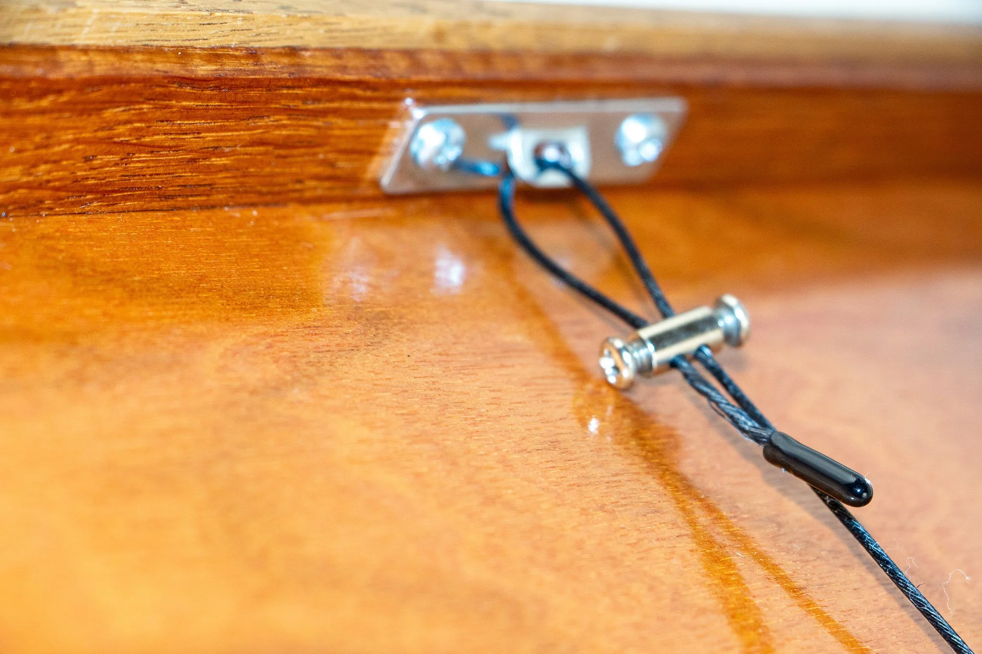 Veiled Alchemist 004 frame detail: close-up of the rear hanging system, showing the steel cable, metal connector, and the polished wooden back panel set within the warm-toned frame construction.