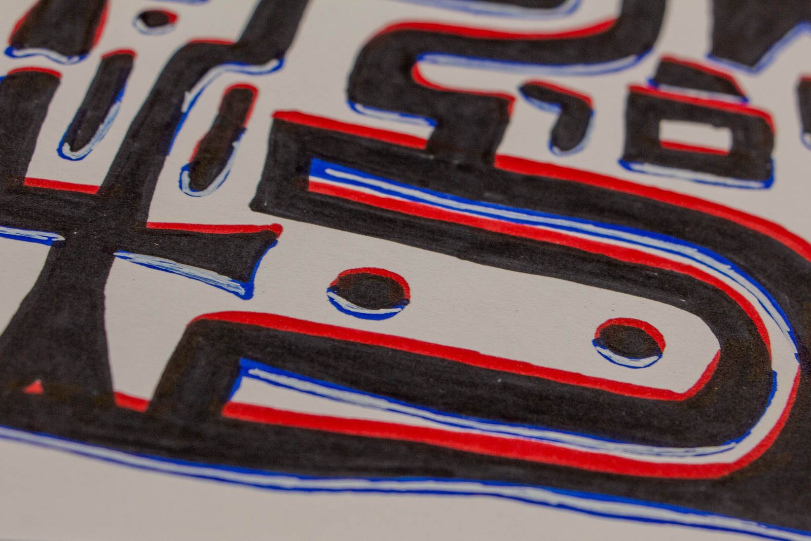 Flux Impromptu 002 detail: sweeping bend, long U-turn stroke with paired dots; layered halos of red and blue hug the black