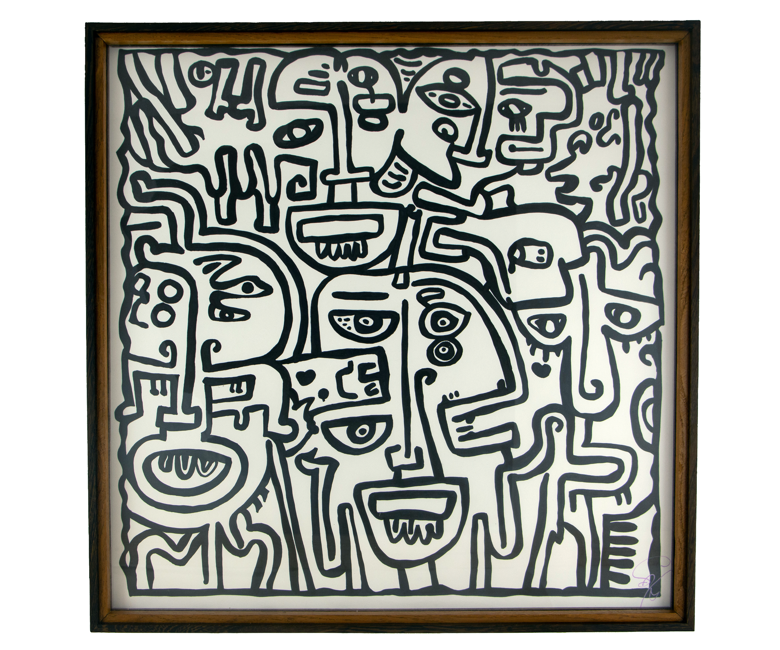 Withdrawal becomes readable once observation creates space around it. Elusive Cocoon: 002; black ink on paper; layered wooden frame palette: olive, orange, and granada.