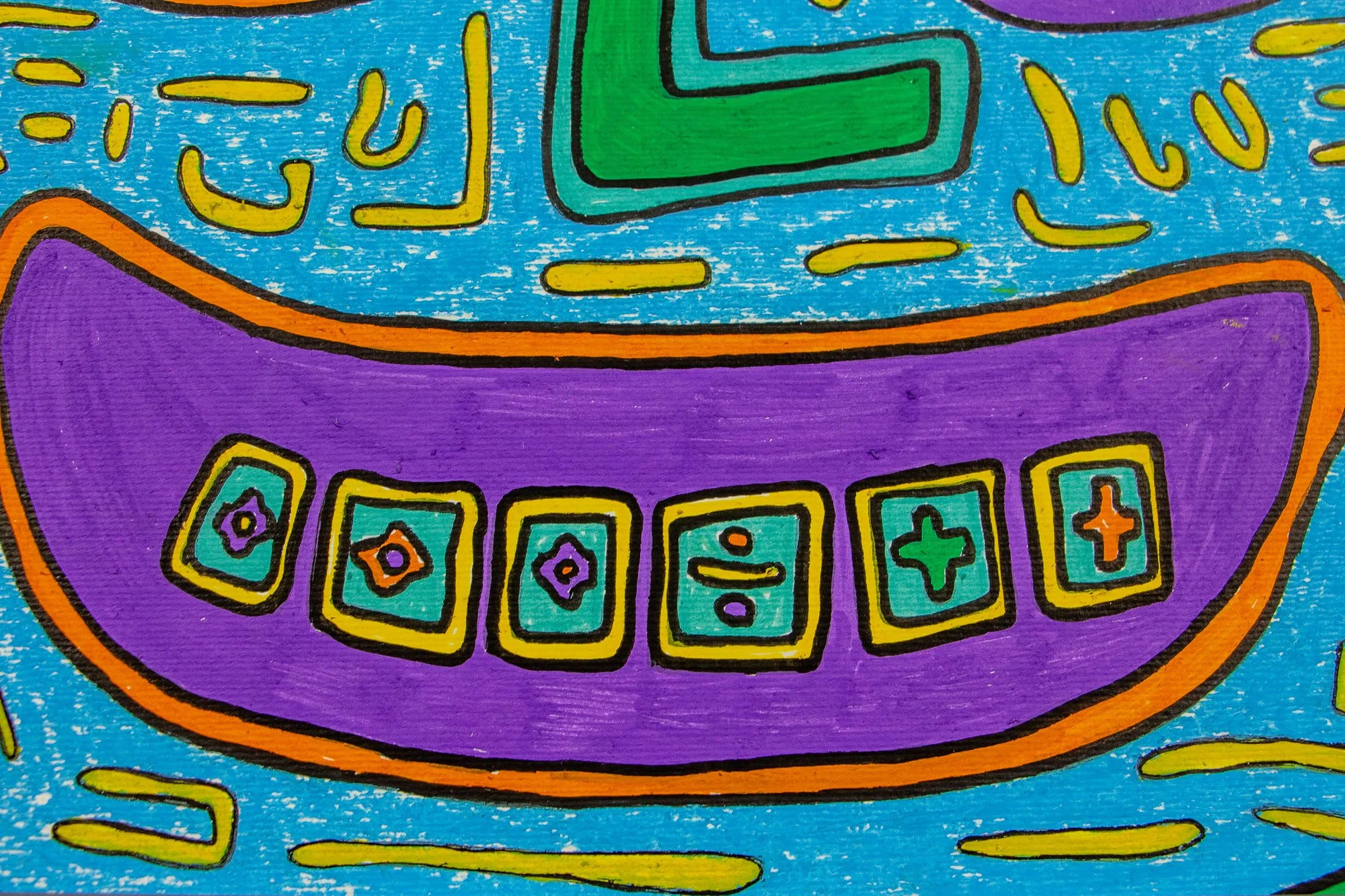 Unseen Signifiers 001 detail: close-up of the purple mouth, showing the small square symbols inside it and the surrounding blue field with yellow marks.