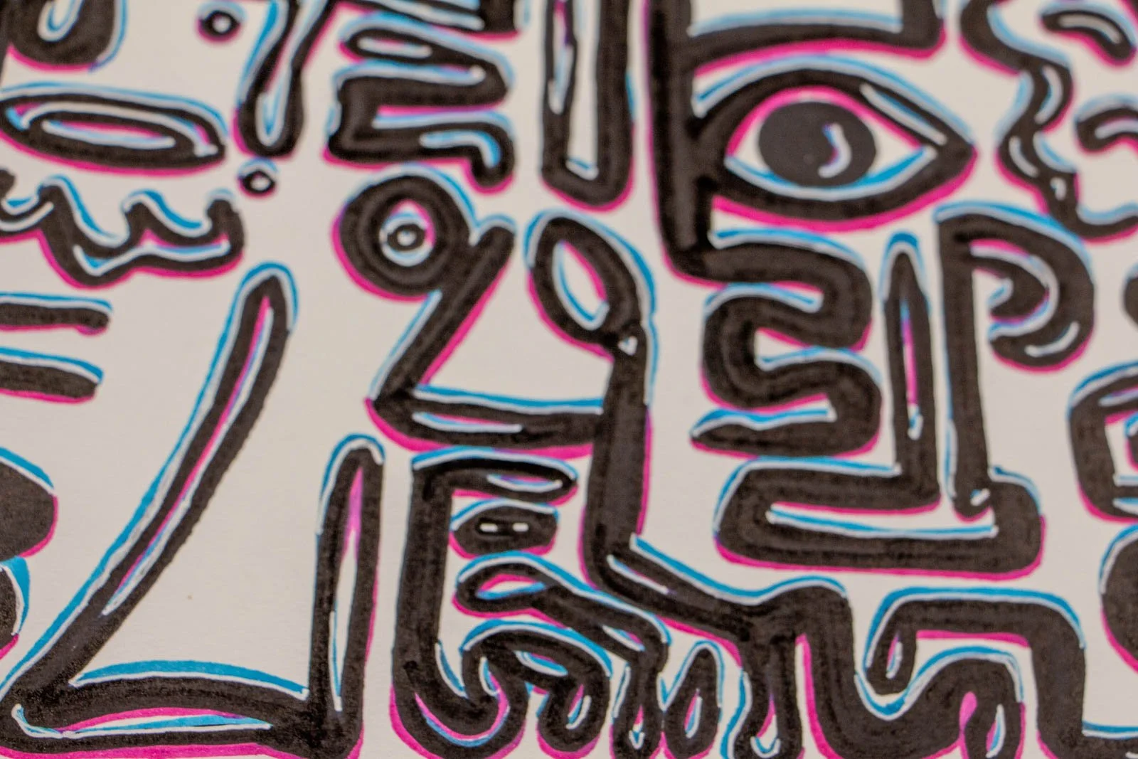 Silence’s Caesura 003 detail: top-left hair-like curls and fish-like eye forms; a rhythm of parallel strokes