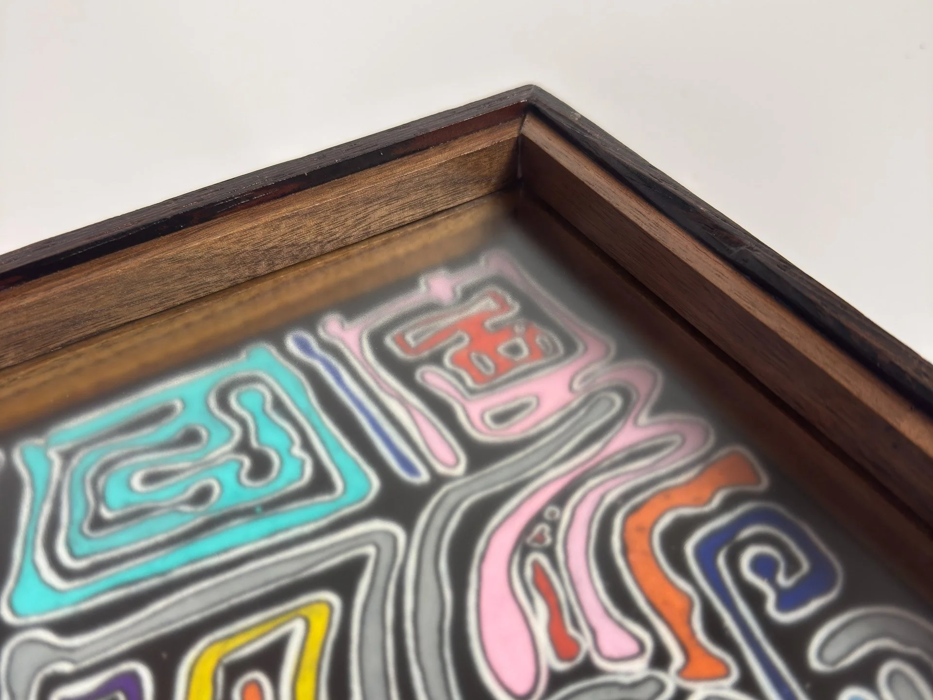 Wengé wood, oak, walnut frame with Borderlines Labyrinth artwork