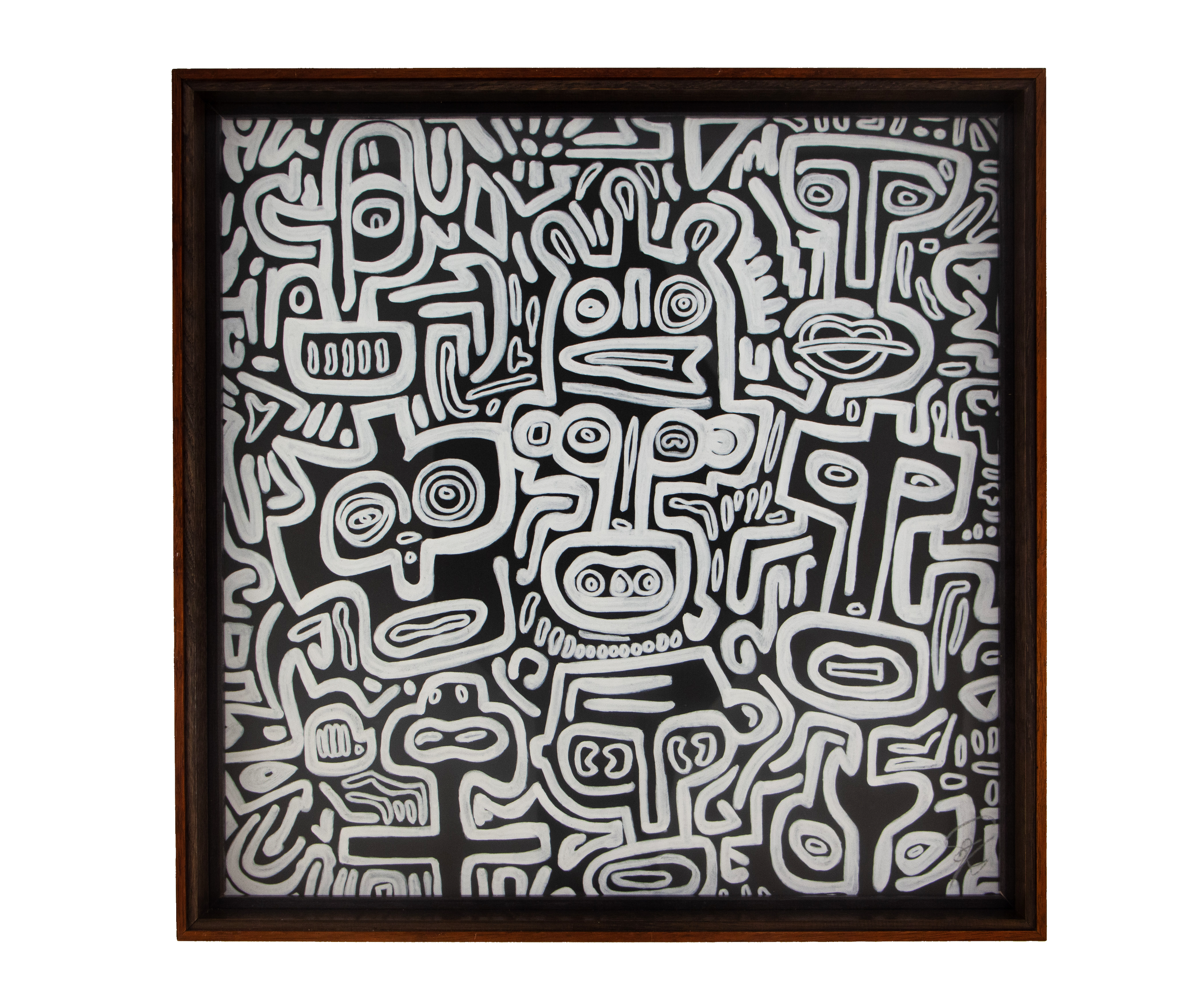 Faces, symbols, and pathways form a dense network around a central figure. Turbulent Aegis 002; white linework on dark wood; amber-brown layered wooden frame.