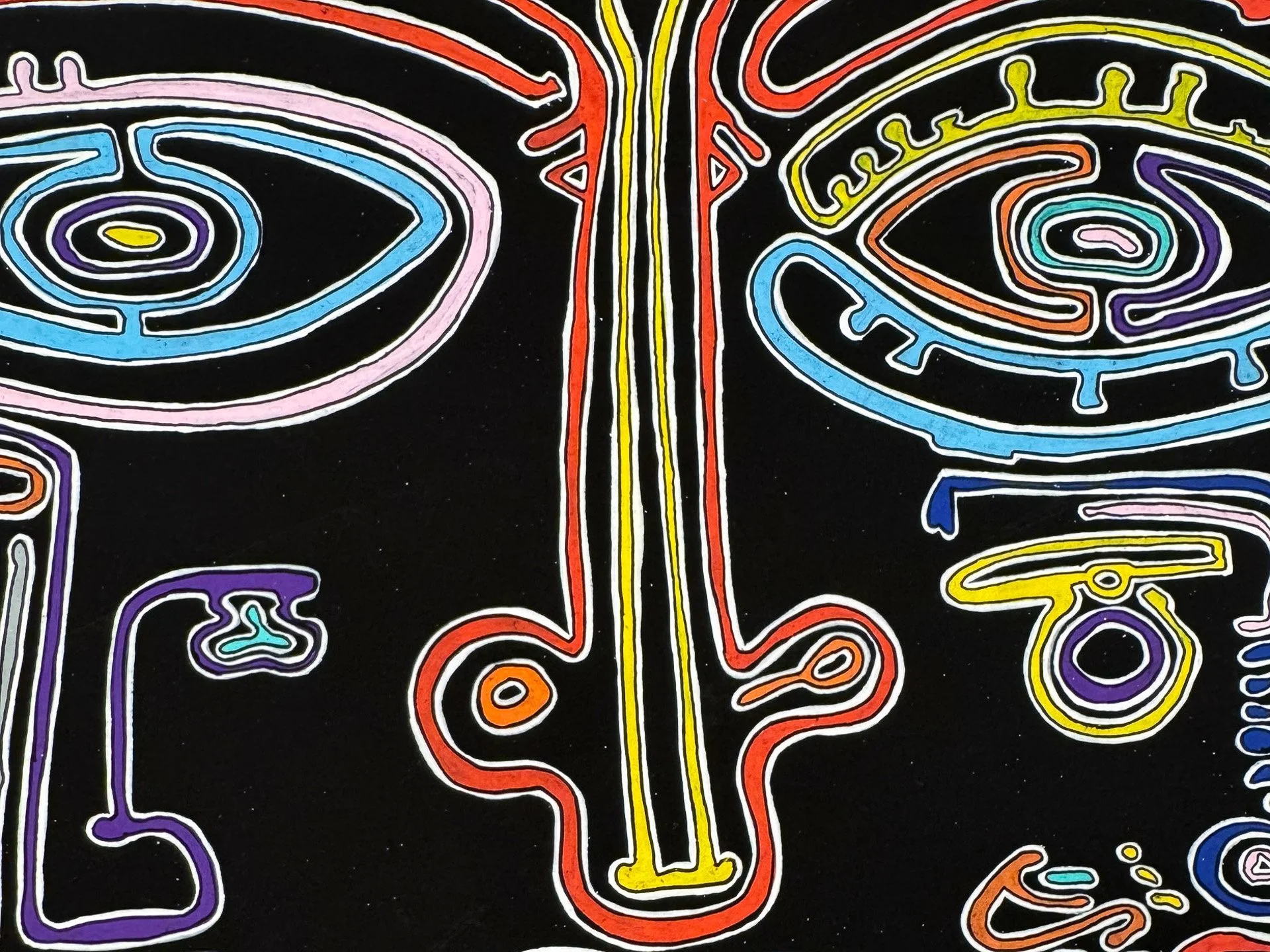 Upper right detail featuring the right eye, brow, and surrounding labyrinth forms in red, yellow, light blue, dark blue, grey, and violet, with layered curved lines on a black ground.