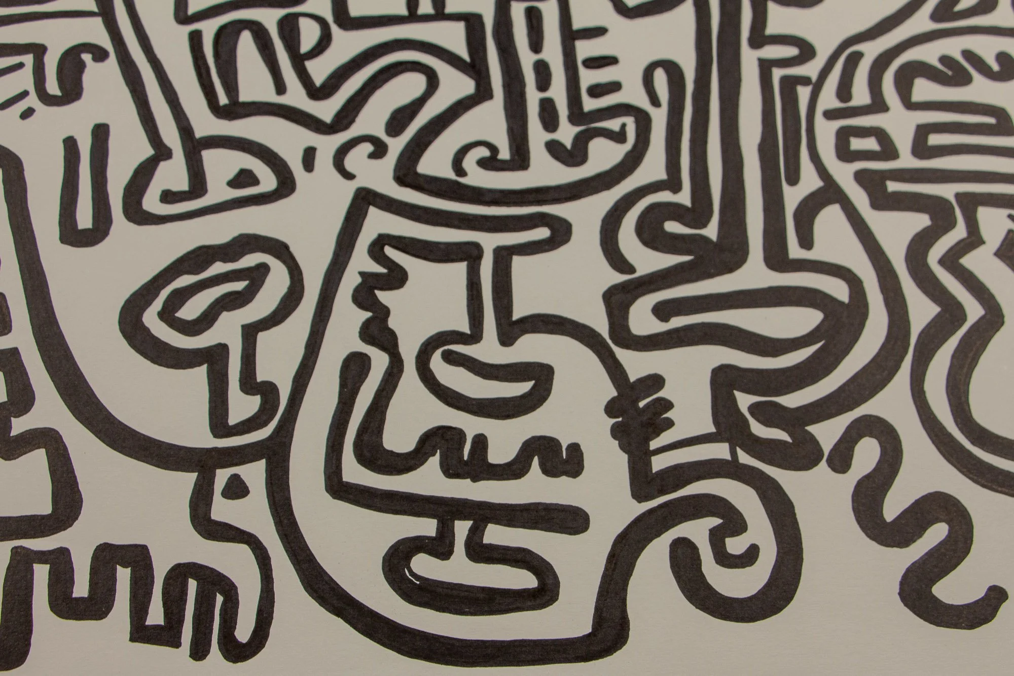 Elusive Cocoon 003 detail: close-up of the lower central composition, centred on a vase-like face motif with a serrated side edge and oval mouth, beneath looping nose-like forms and beside vertical symbolic lines.