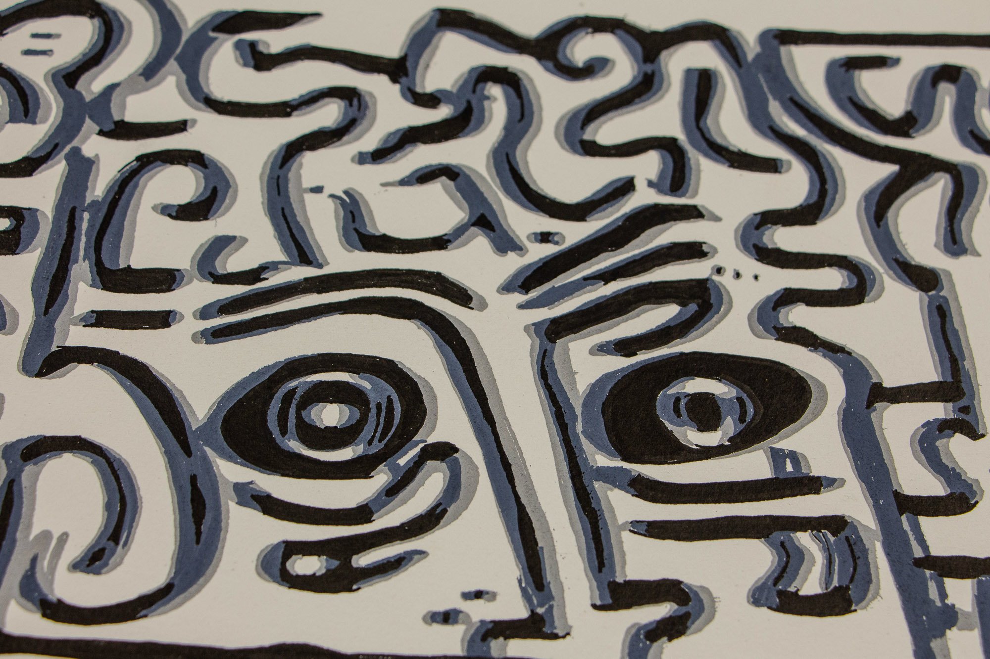 Luminous Parallax 001 detail: angled close-up across the drawing surface, showing a central elongated face surrounded by stacked linear motifs and adjacent profiles that recede into soft focus.