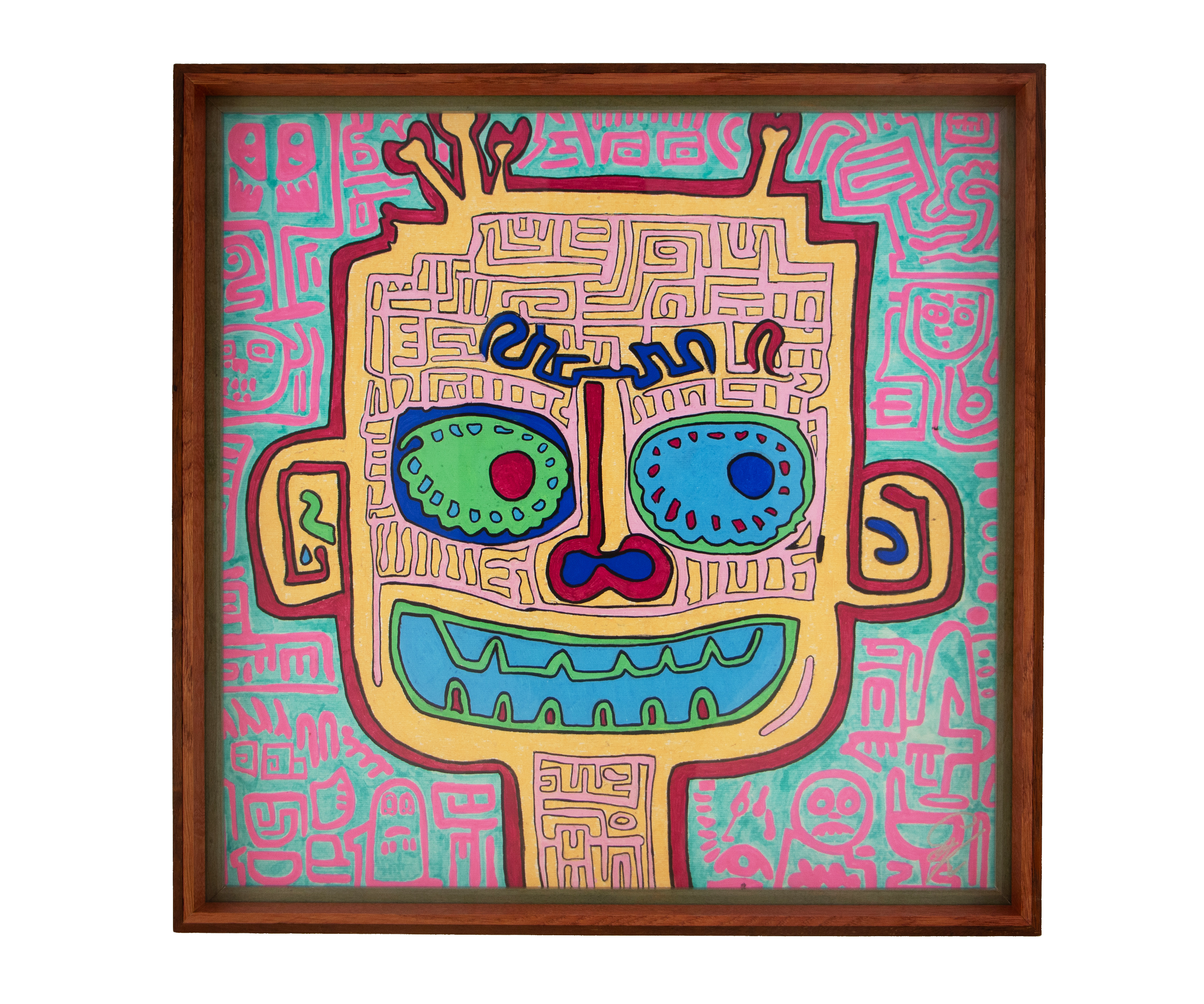 A peach-toned face with green-blue eyes, magenta nose, and maze-like pink forms. Unseen Signifiers 004; colorful composition; layered wooden frame.