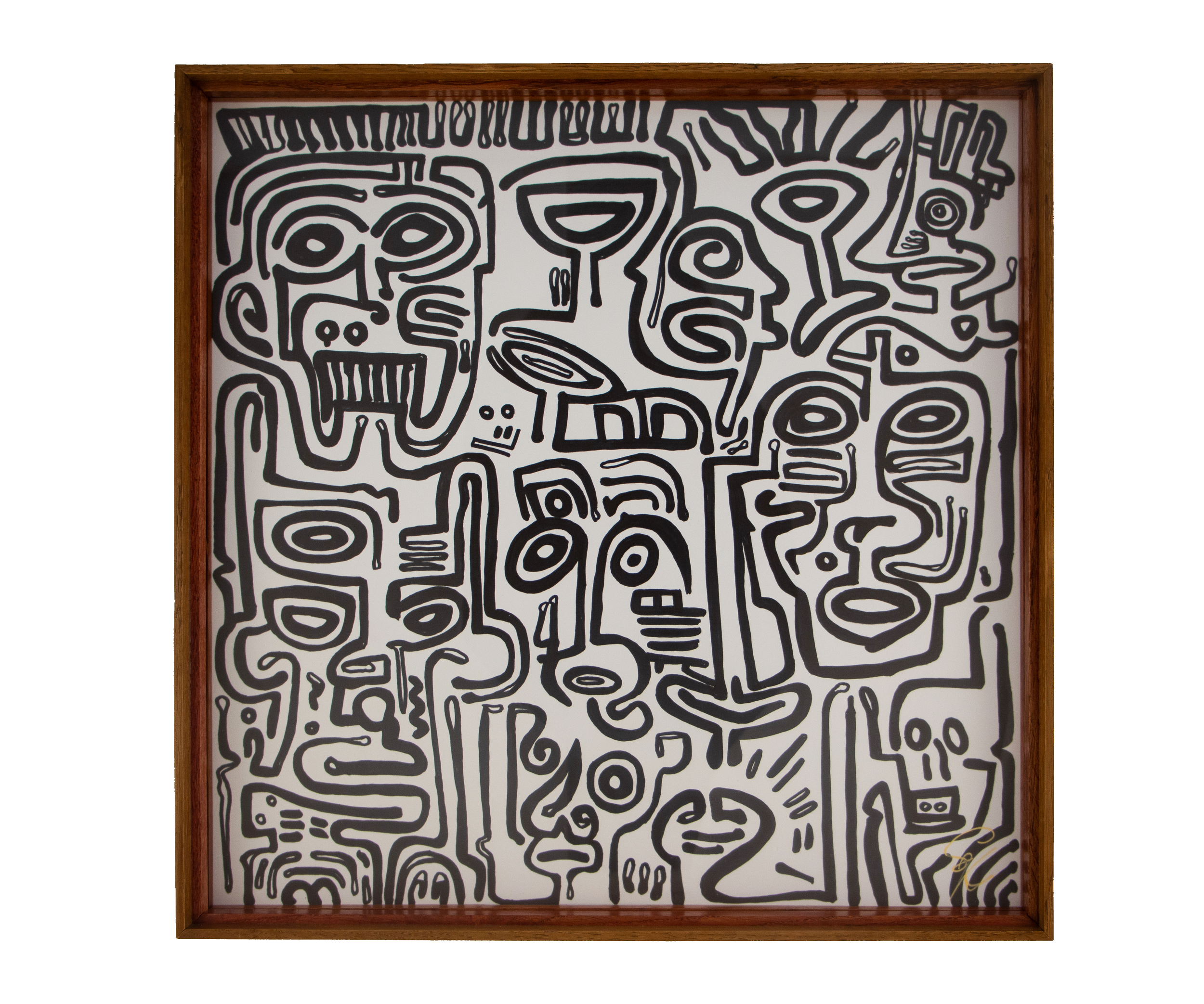 Interlocking faces, spiral eyes, and symbolic forms fill the composition. Veiled Alchemist 001; black linework on white paper; Japanese elm frame with red-toned accent.