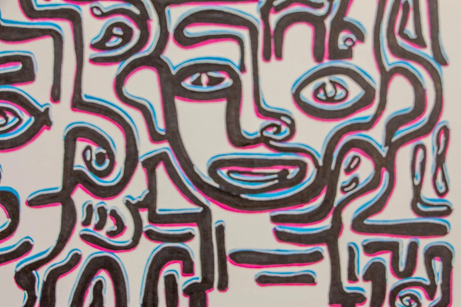 Silence’s Caesura 001 detail: central visage, arched brow, rounded nose, small smile; surrounding eyes float in a calm grid; cyan and pink tracing