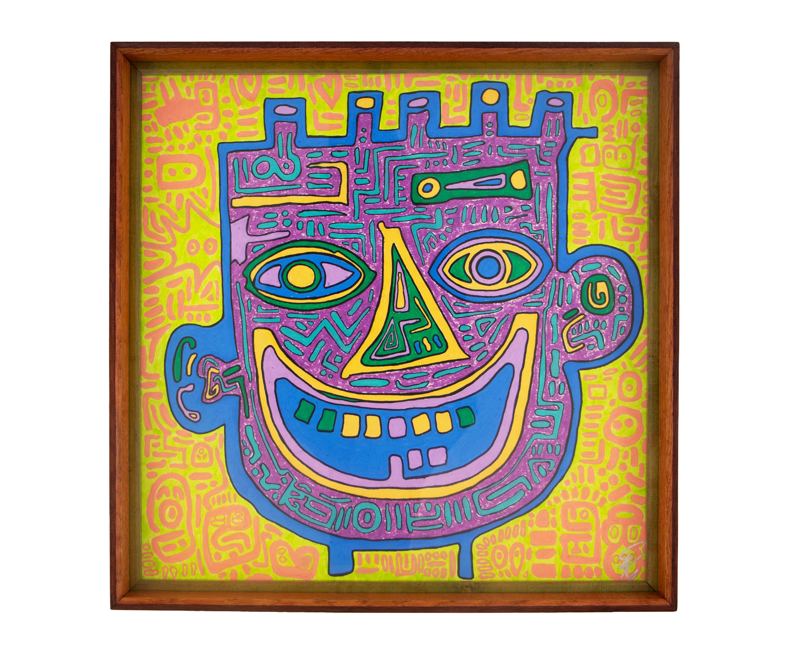 A vivid purple face with blue contours and green-gold features against lime-yellow and pink. Unseen Signifiers 009; colorful composition; plum-toned wooden frame.