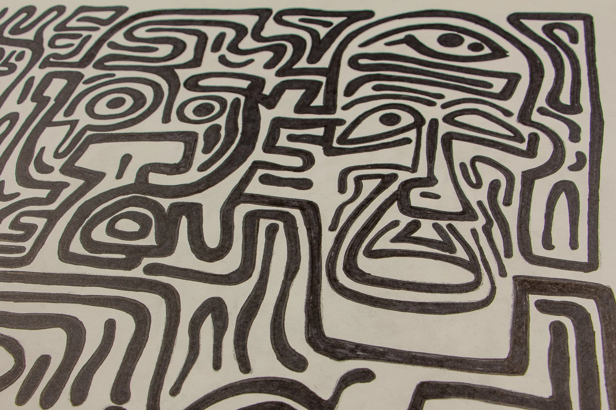 Resonant Syntax 003 detail: upper-right section with a bird-like profile, almond eye, and angular facial construction; bold black contours set against open paper space